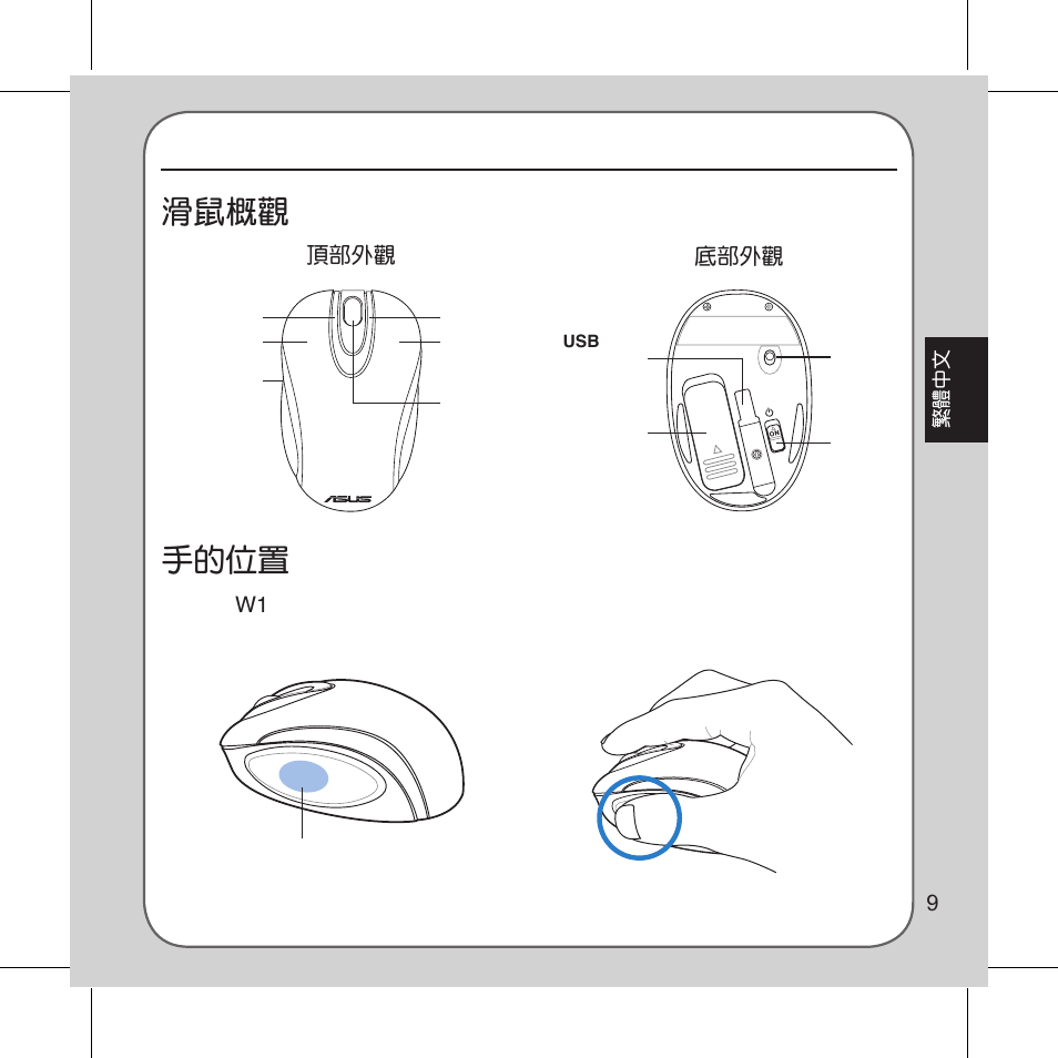 開始使用, 滑鼠概觀, 手的位置 | Asus Vito W1 User Manual | Page 10 / 32