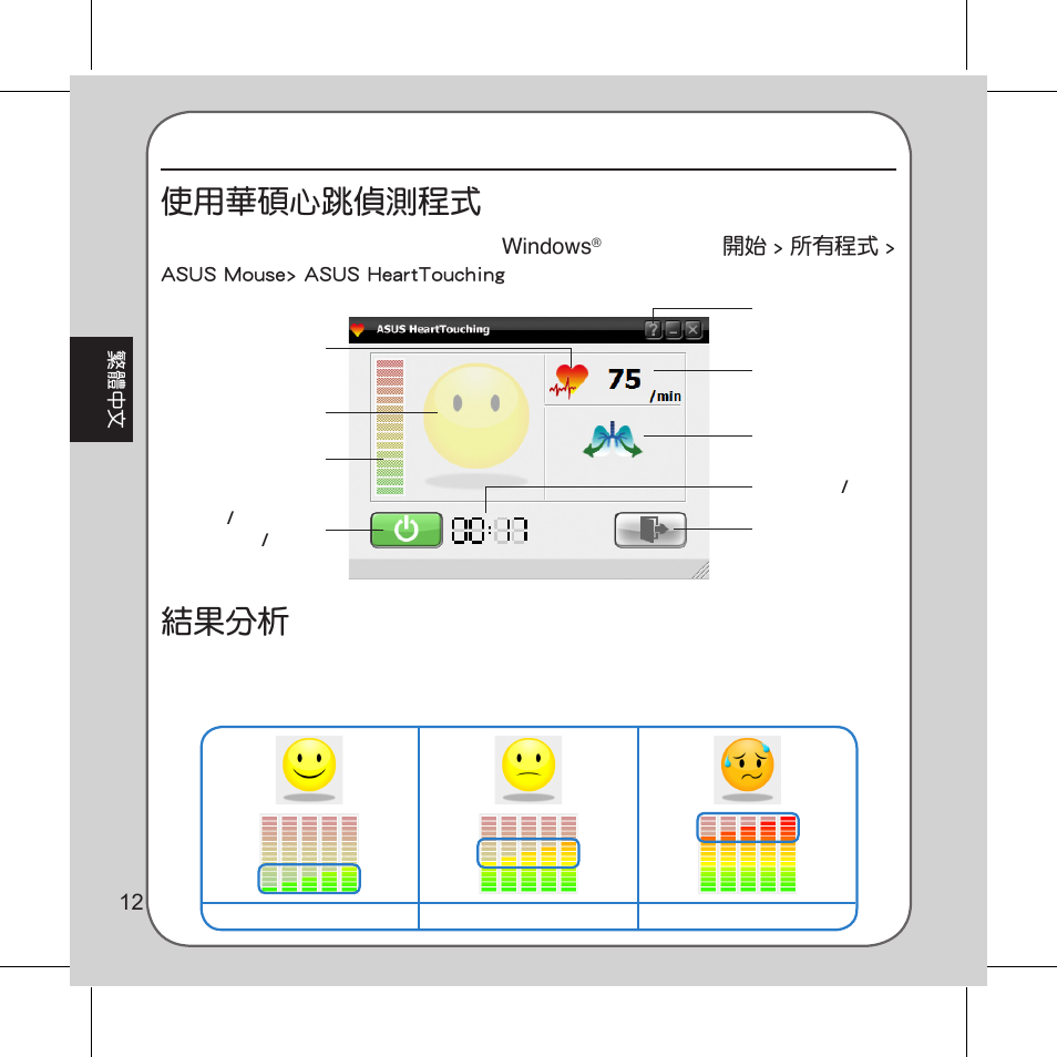 心跳測量, 使用華碩心跳偵測程式, 結果分析 | Asus Vito W1 User Manual | Page 13 / 32
