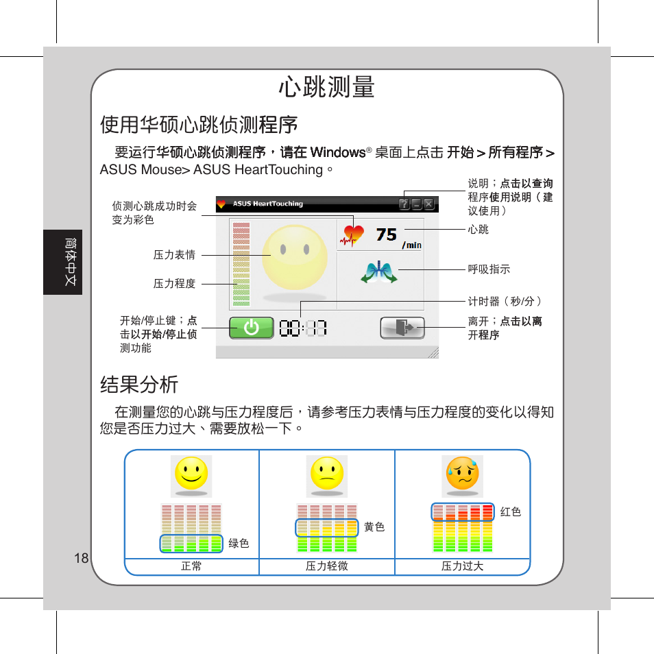 心跳測量, 使用華碩心跳偵測程序 程序, 結果分析 | Asus Vito W1 User Manual | Page 19 / 32