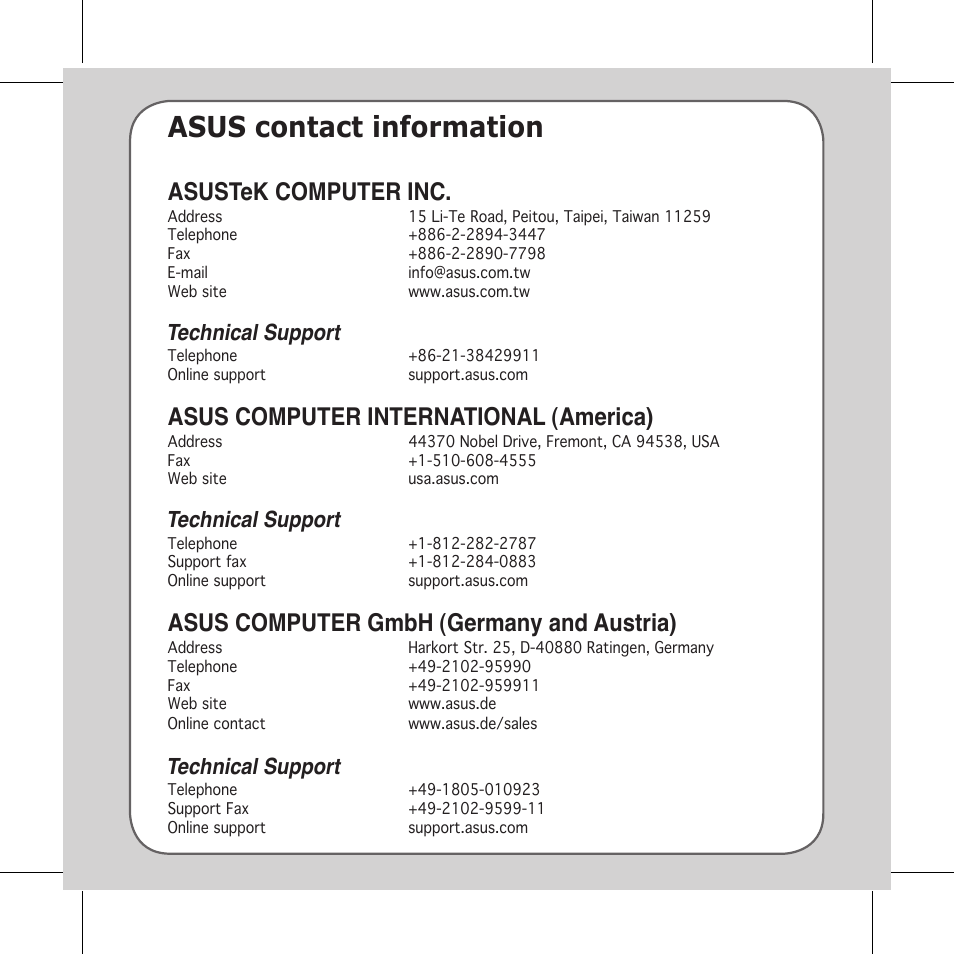 Asus contact information, Asustek computer inc, Asus computer international (america) | Asus computer gmbh (germany and austria), Technical support | Asus Vito W1 User Manual | Page 32 / 32