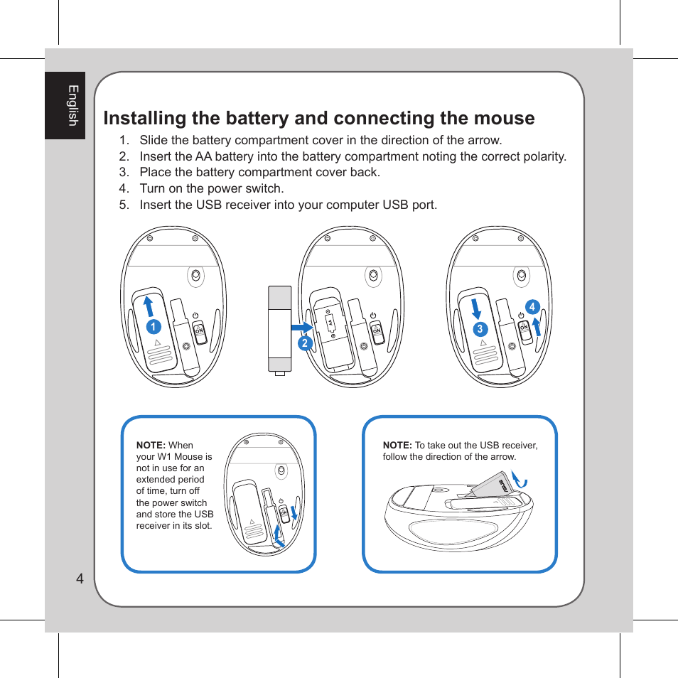 Installing the battery and connecting the mouse | Asus Vito W1 User Manual | Page 5 / 32