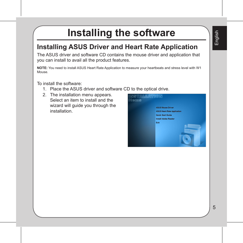 Installing the software, Installing asus driver and heart rate application | Asus Vito W1 User Manual | Page 6 / 32