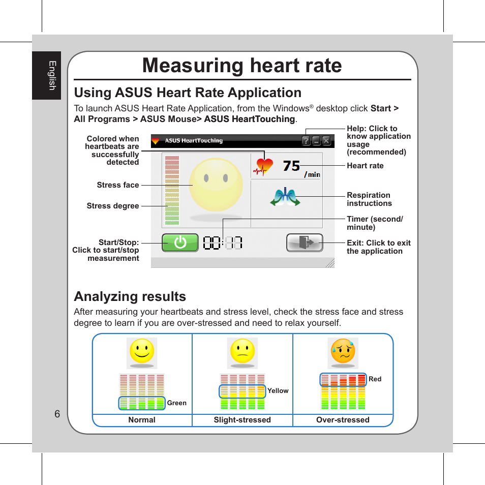 Measuring heart rate, Using asus heart rate application, Analyzing results | Asus Vito W1 User Manual | Page 7 / 32