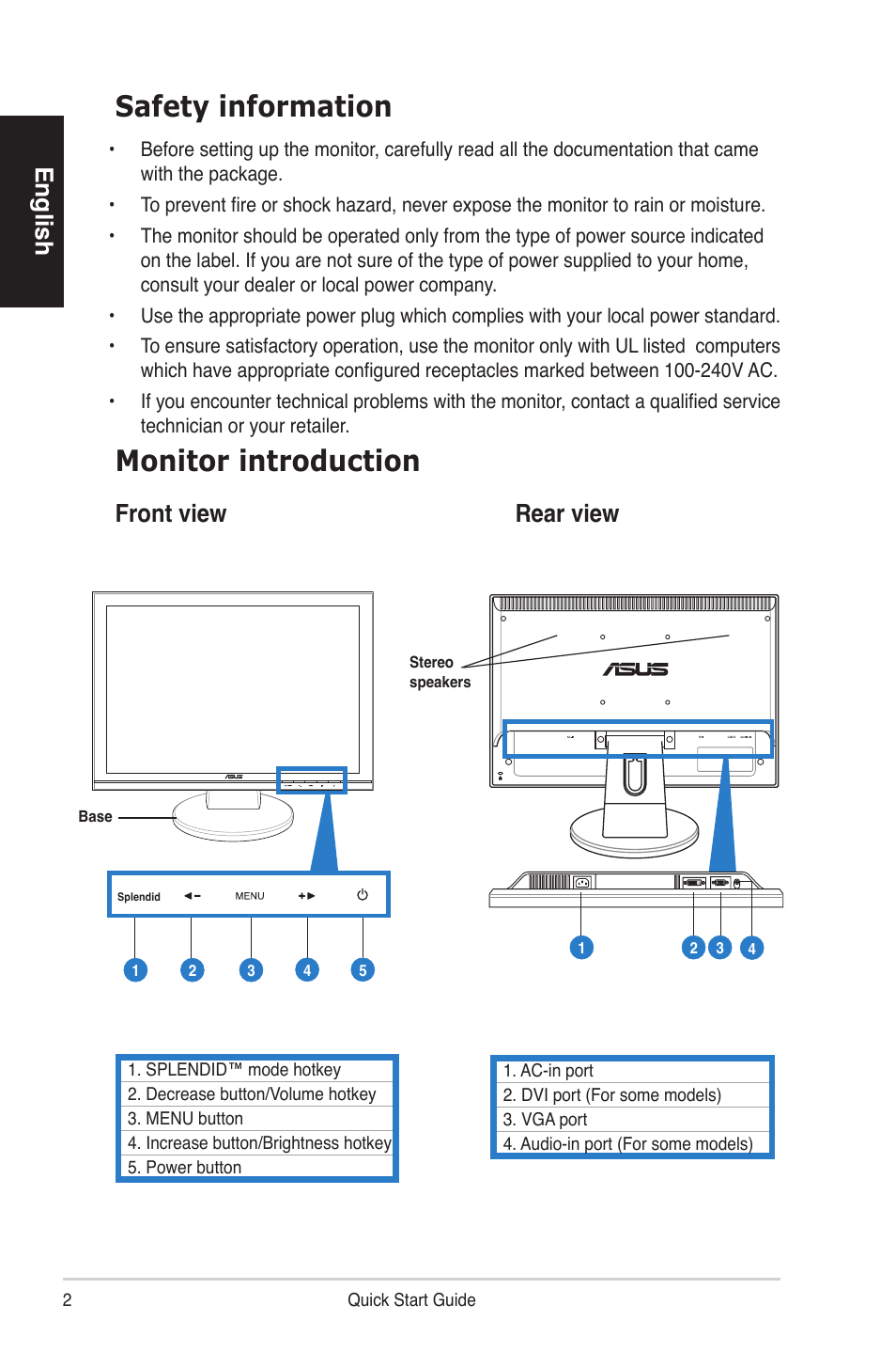 Safety information, Monitor introduction, English | Front view rear view | Asus VW192DR User Manual | Page 2 / 4