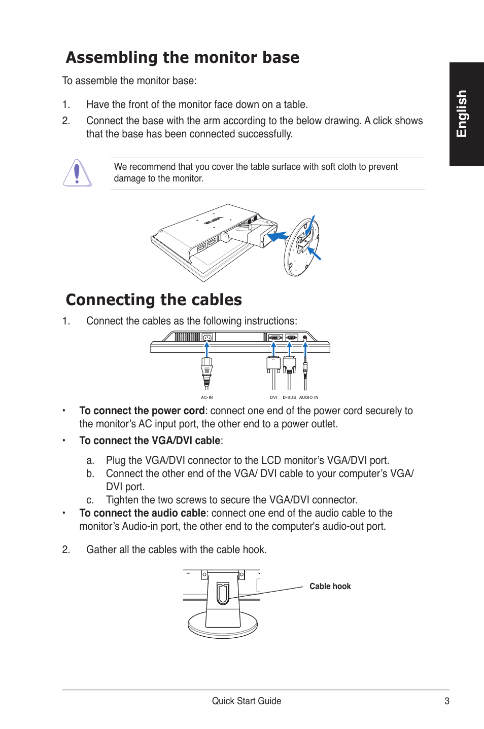 Connecting the cables assembling the monitor base, English | Asus VW192DR User Manual | Page 3 / 4