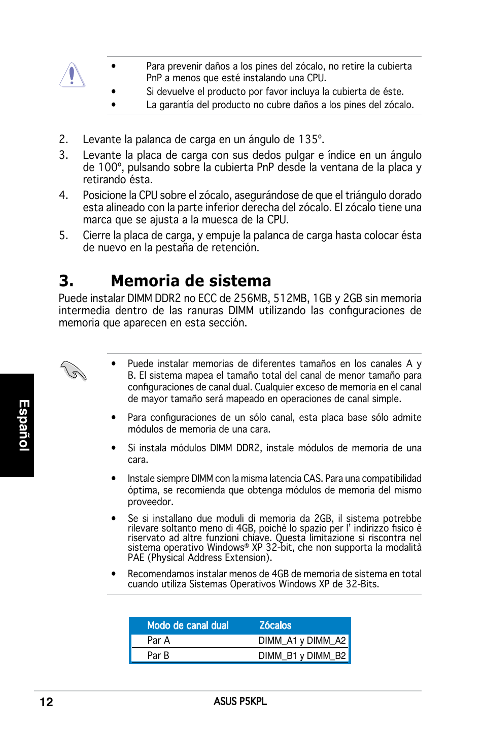 Español | Asus P5KPL User Manual | Page 12 / 38
