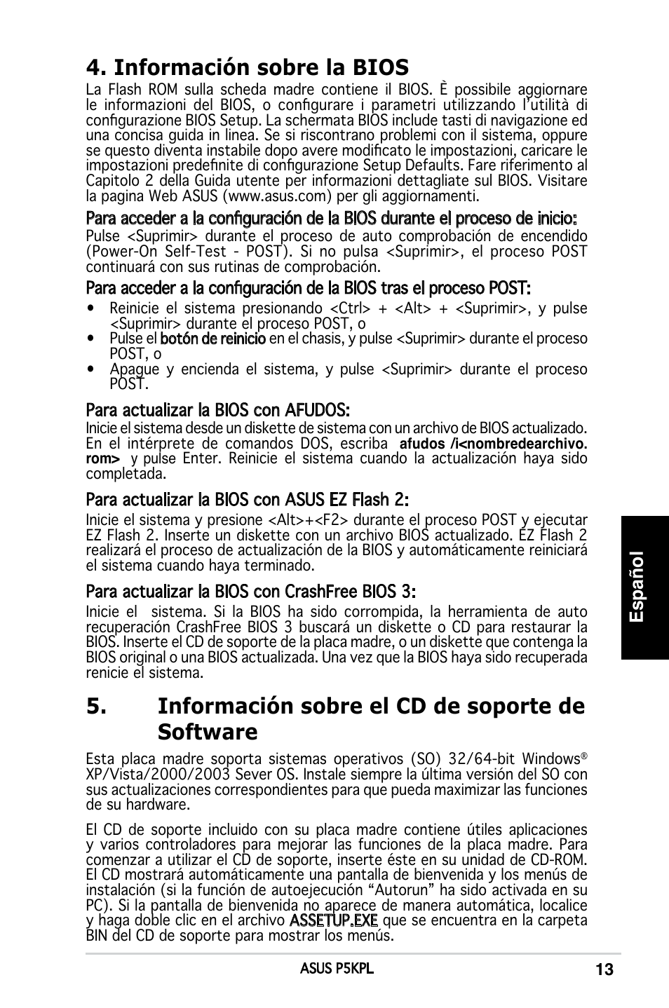 Información sobre el cd de soporte de software, Información sobre la bios, Español | Asus P5KPL User Manual | Page 13 / 38