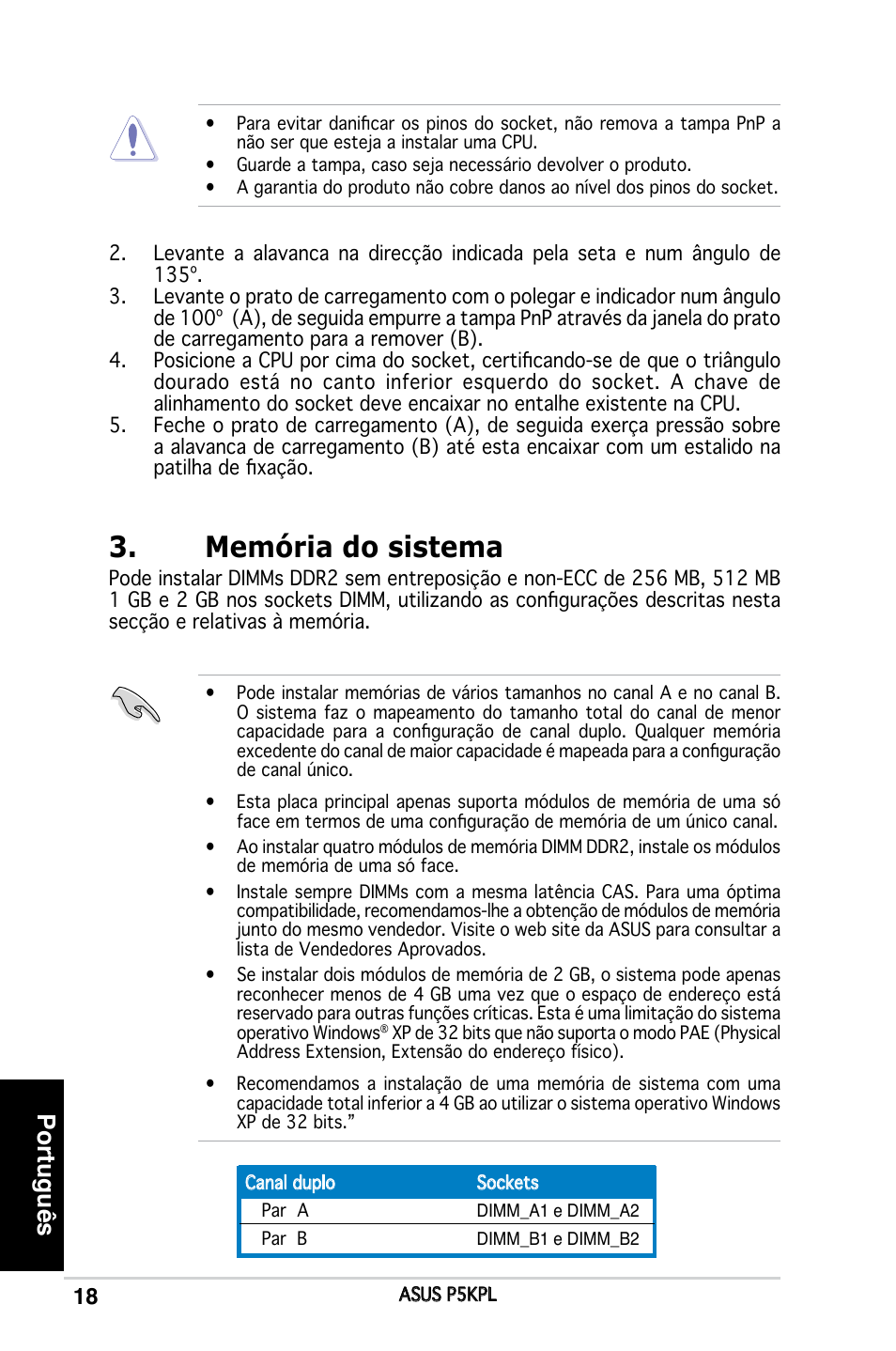 Memória do sistema, Português | Asus P5KPL User Manual | Page 18 / 38