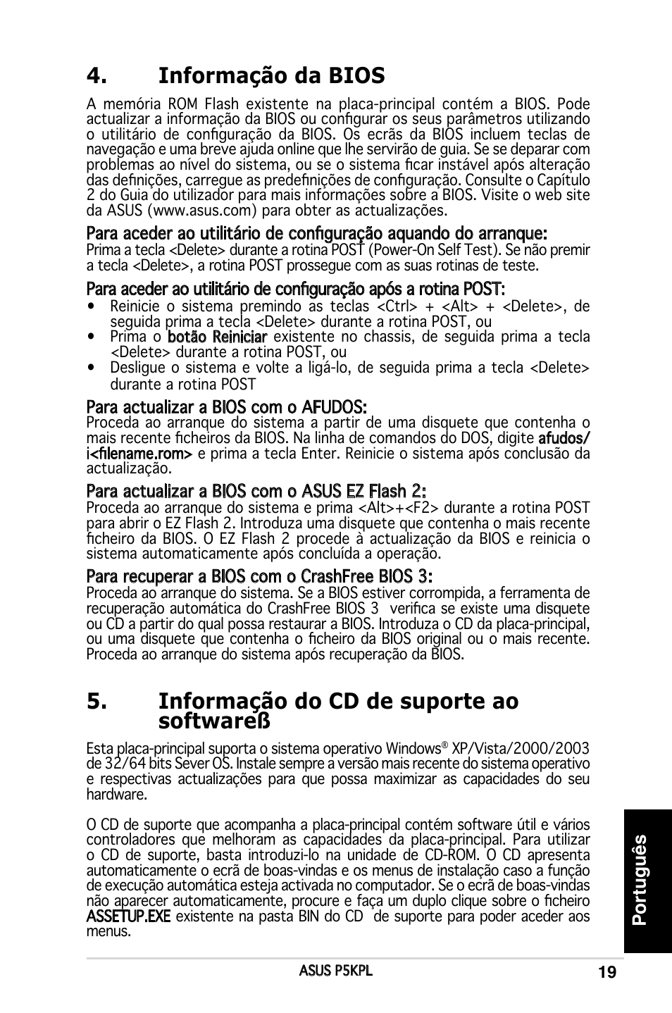 Informação da bios, Informação do cd de suporte ao softwareß, Português | Asus P5KPL User Manual | Page 19 / 38
