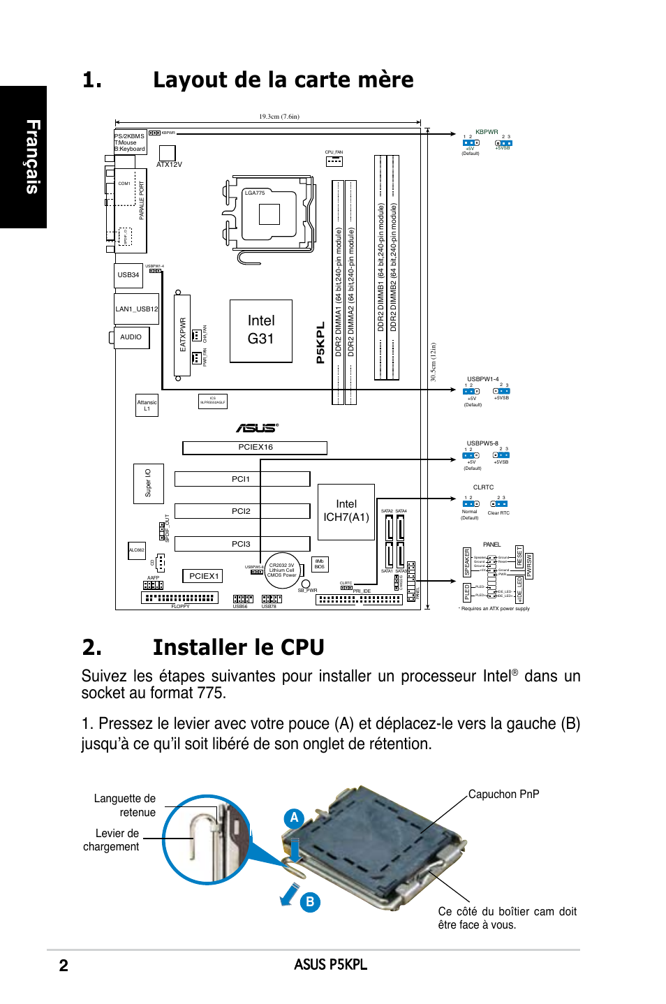 Installer le cpu, Layout de la carte mère, Français | Intel g31, Asus p5kpl, Intel ich7(a1), P5kp l | Asus P5KPL User Manual | Page 2 / 38