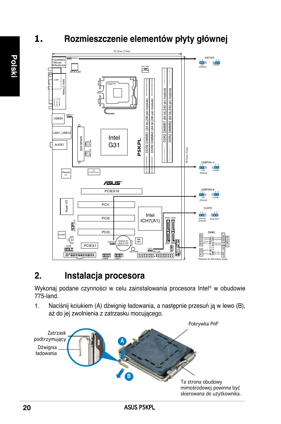 Polski, Intel g31, Asus p5kpl | Intel ich7(a1), P5kp l | Asus P5KPL User Manual | Page 20 / 38