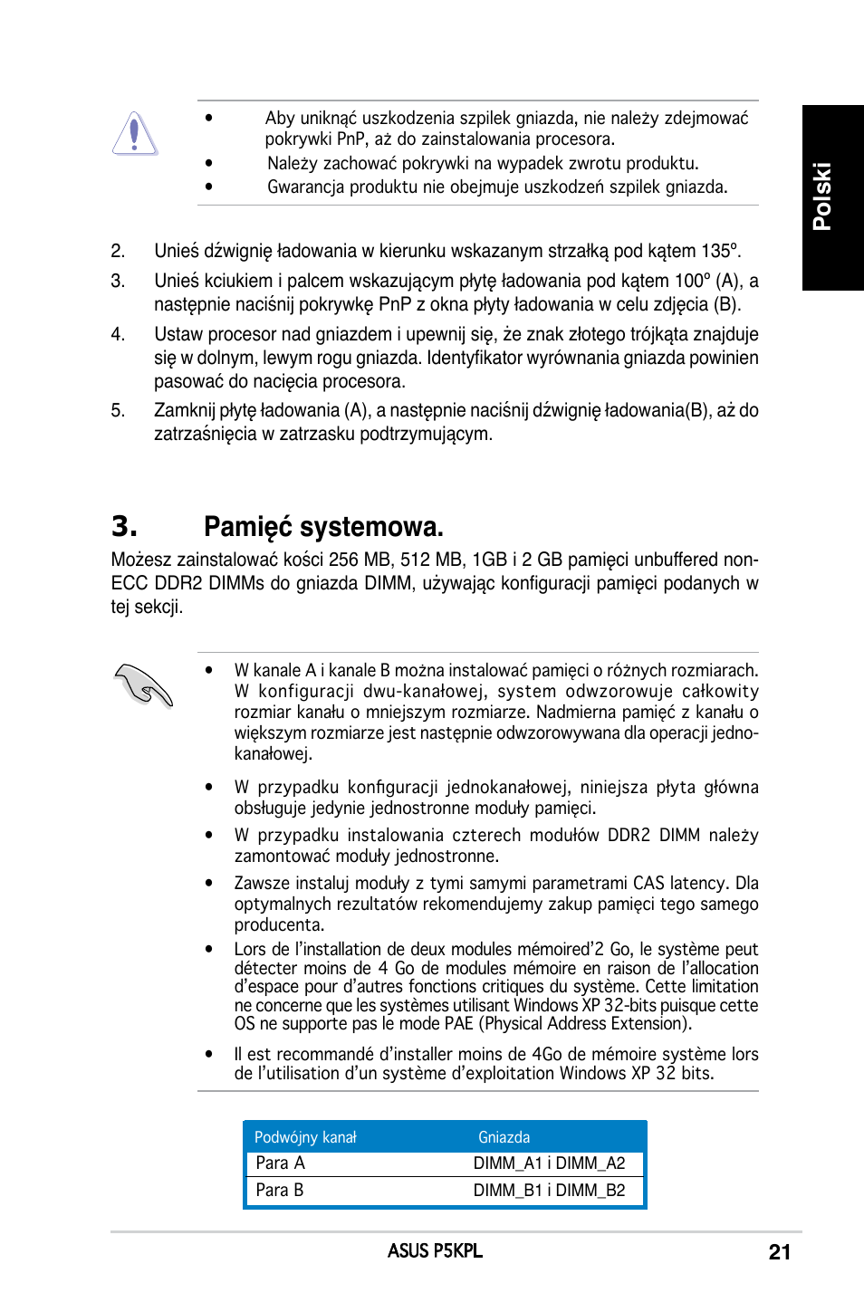 Pamięć systemowa, Polski | Asus P5KPL User Manual | Page 21 / 38