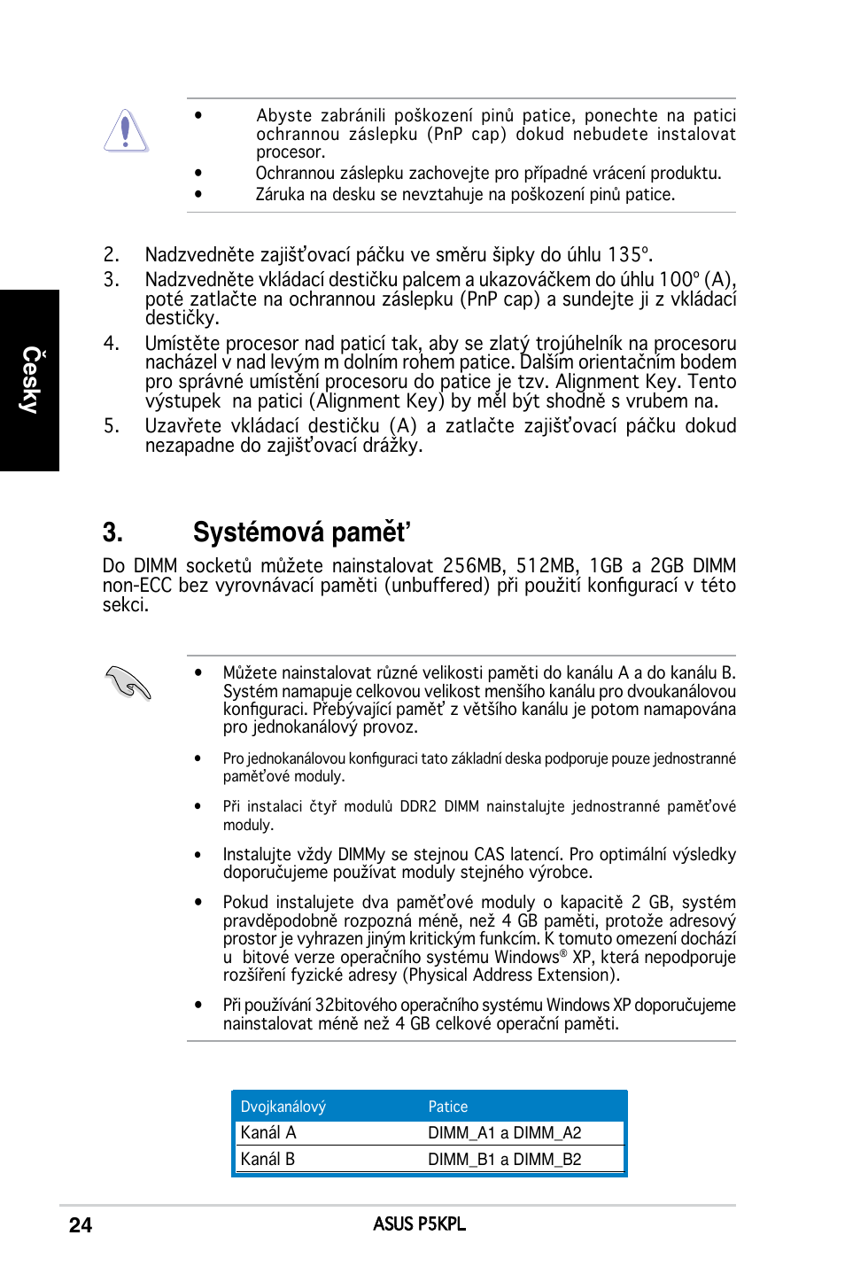 Systémová pamět, Česky | Asus P5KPL User Manual | Page 24 / 38