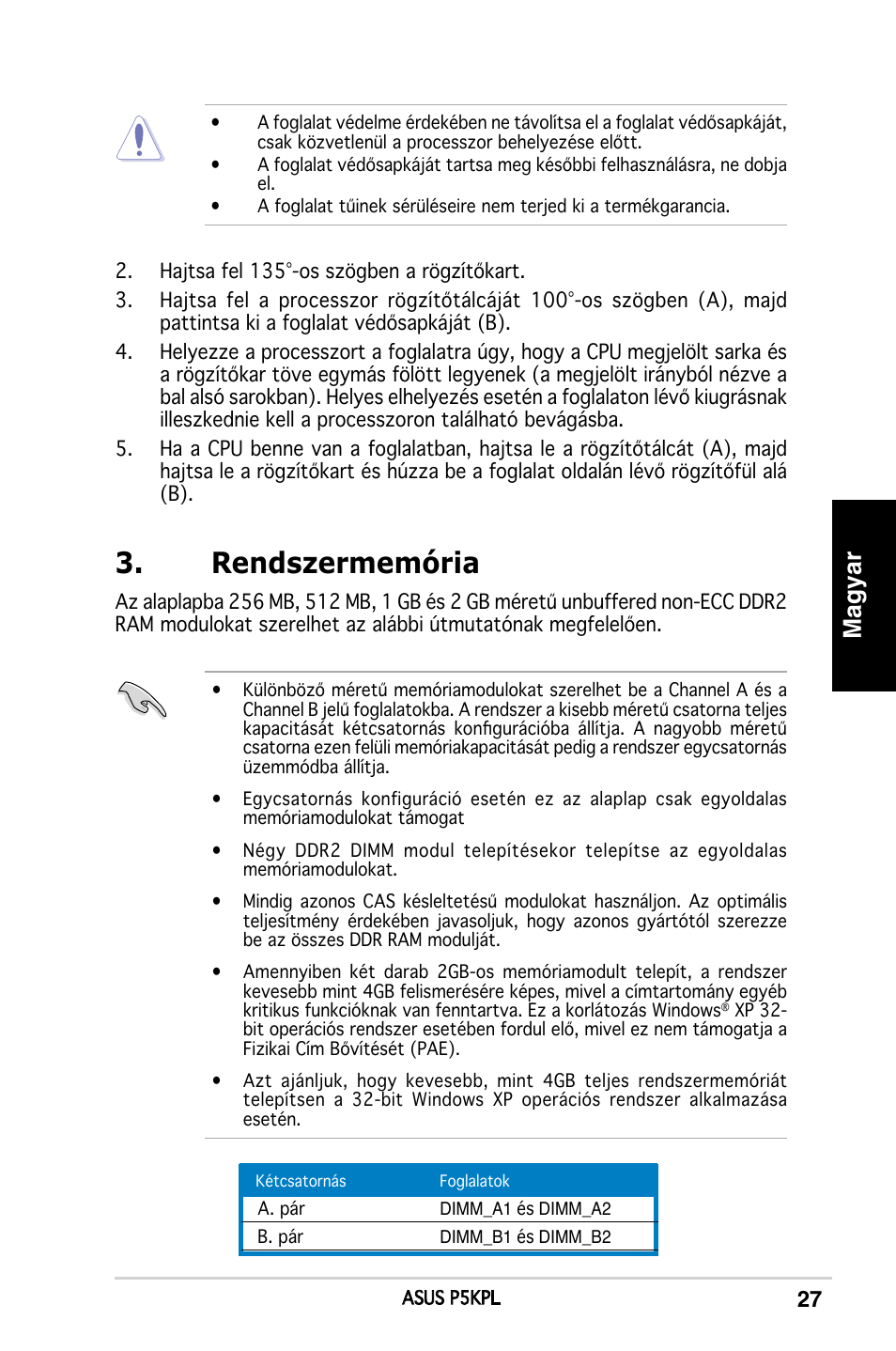 Rendszermemória, Magyar | Asus P5KPL User Manual | Page 27 / 38