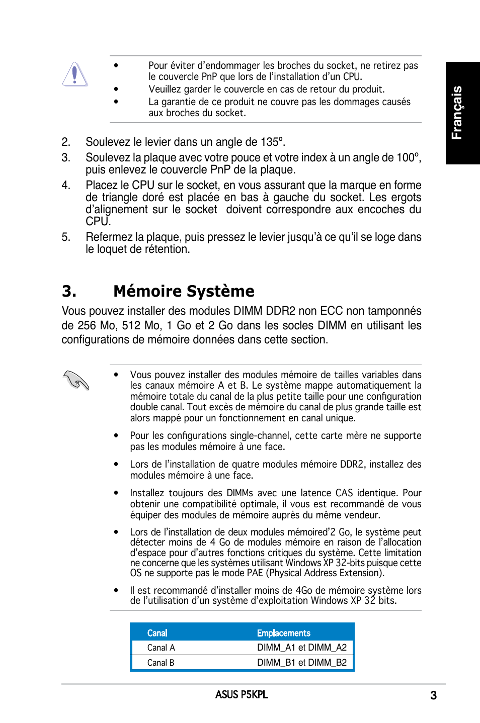Mémoire système, Français | Asus P5KPL User Manual | Page 3 / 38