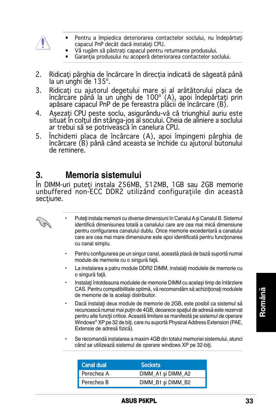 Română | Asus P5KPL User Manual | Page 33 / 38