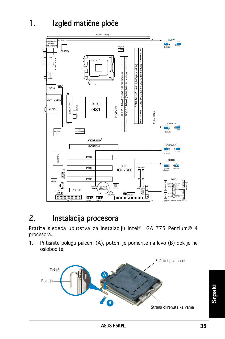 Izgled matične ploče 2. instalacija procesora, Srpski, Pratite sledeća uputstva za instalaciju intel | Intel g31, Asus p5kpl, Ab b, Intel ich7(a1), P5kp l | Asus P5KPL User Manual | Page 35 / 38
