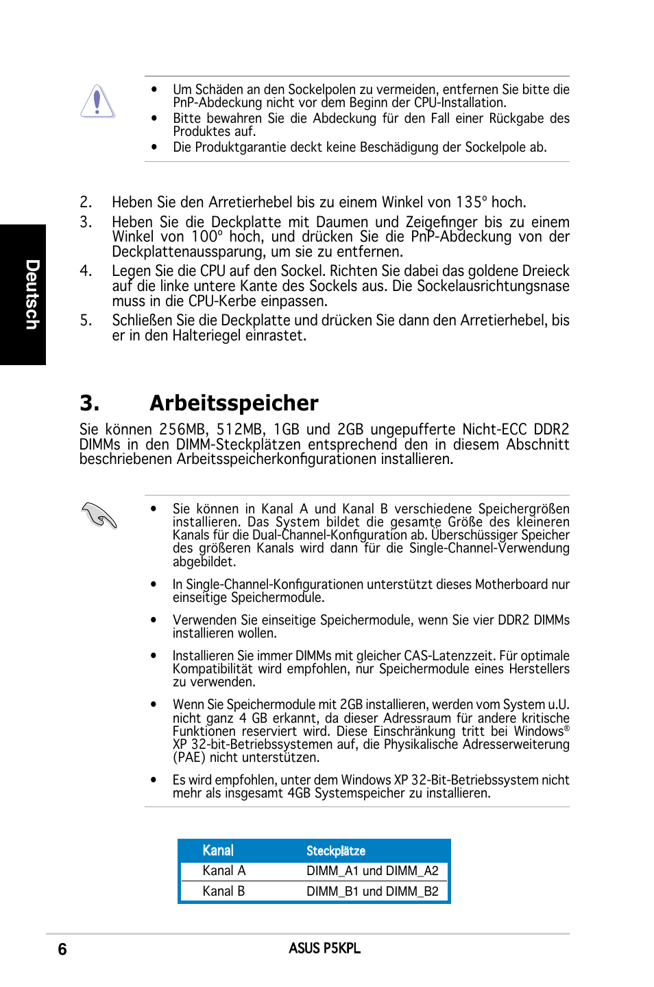 Arbeitsspeicher, Deutsch | Asus P5KPL User Manual | Page 6 / 38