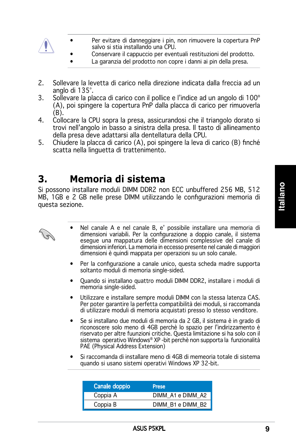 Italiano | Asus P5KPL User Manual | Page 9 / 38