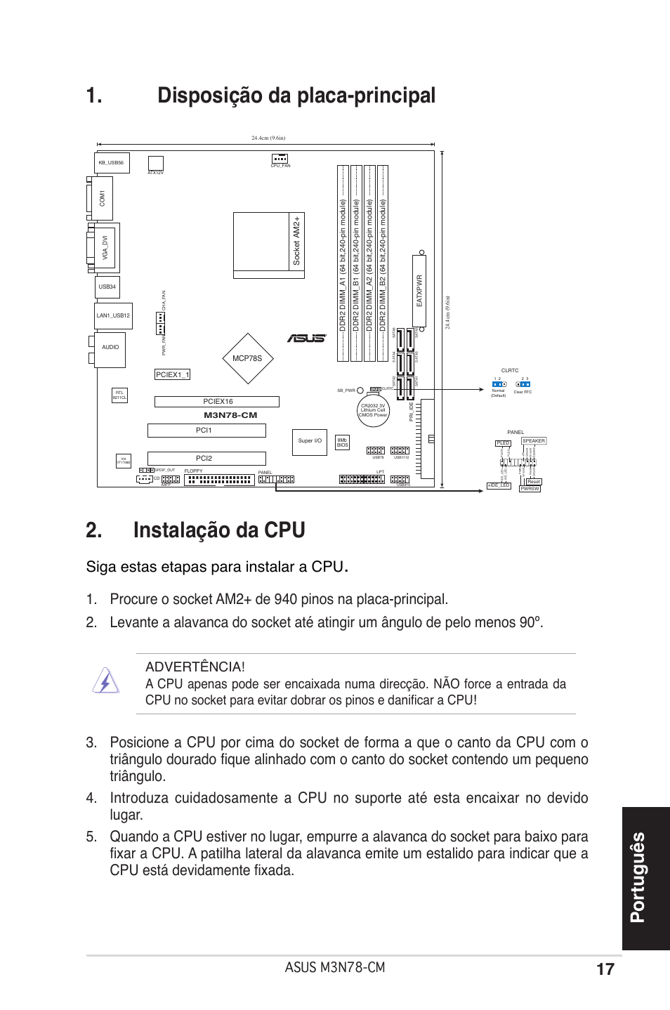 Disposição da placa-principal 2. instalação da cpu, Português, Siga estas etapas para instalar a cpu | Asus m3n78-cm | Asus M3N78-CM User Manual | Page 17 / 38