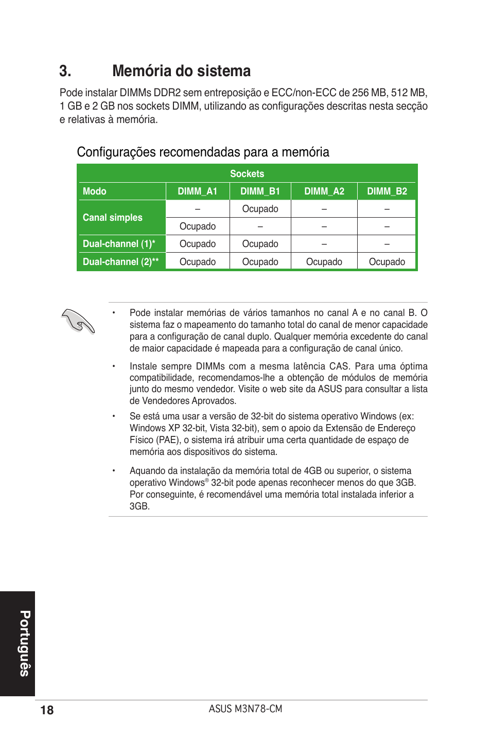 Memória do sistema, Português, Configurações recomendadas para a memória | Asus M3N78-CM User Manual | Page 18 / 38