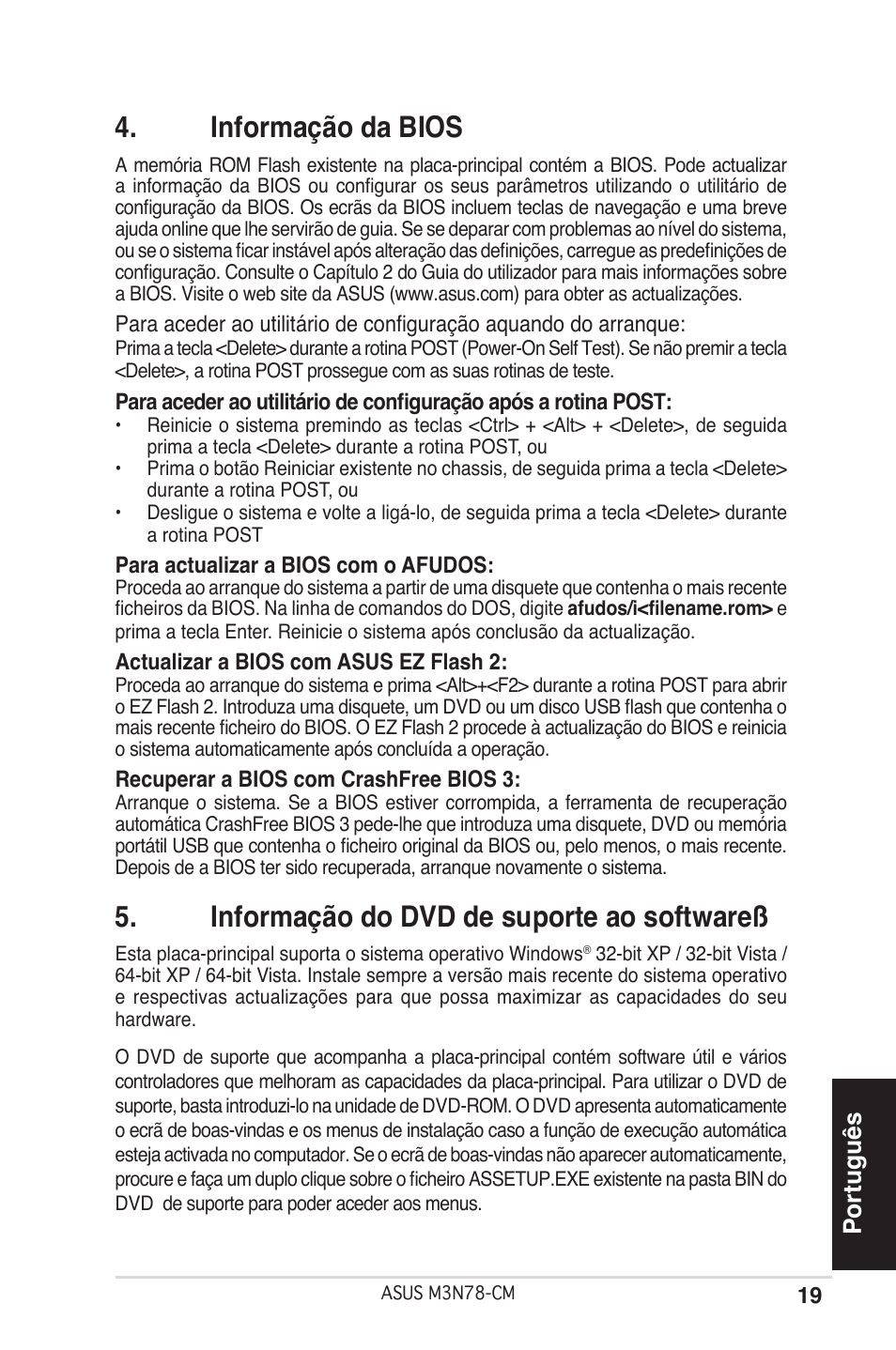 Informação da bios, Informação do dvd de suporte ao softwareß, Português | Asus M3N78-CM User Manual | Page 19 / 38