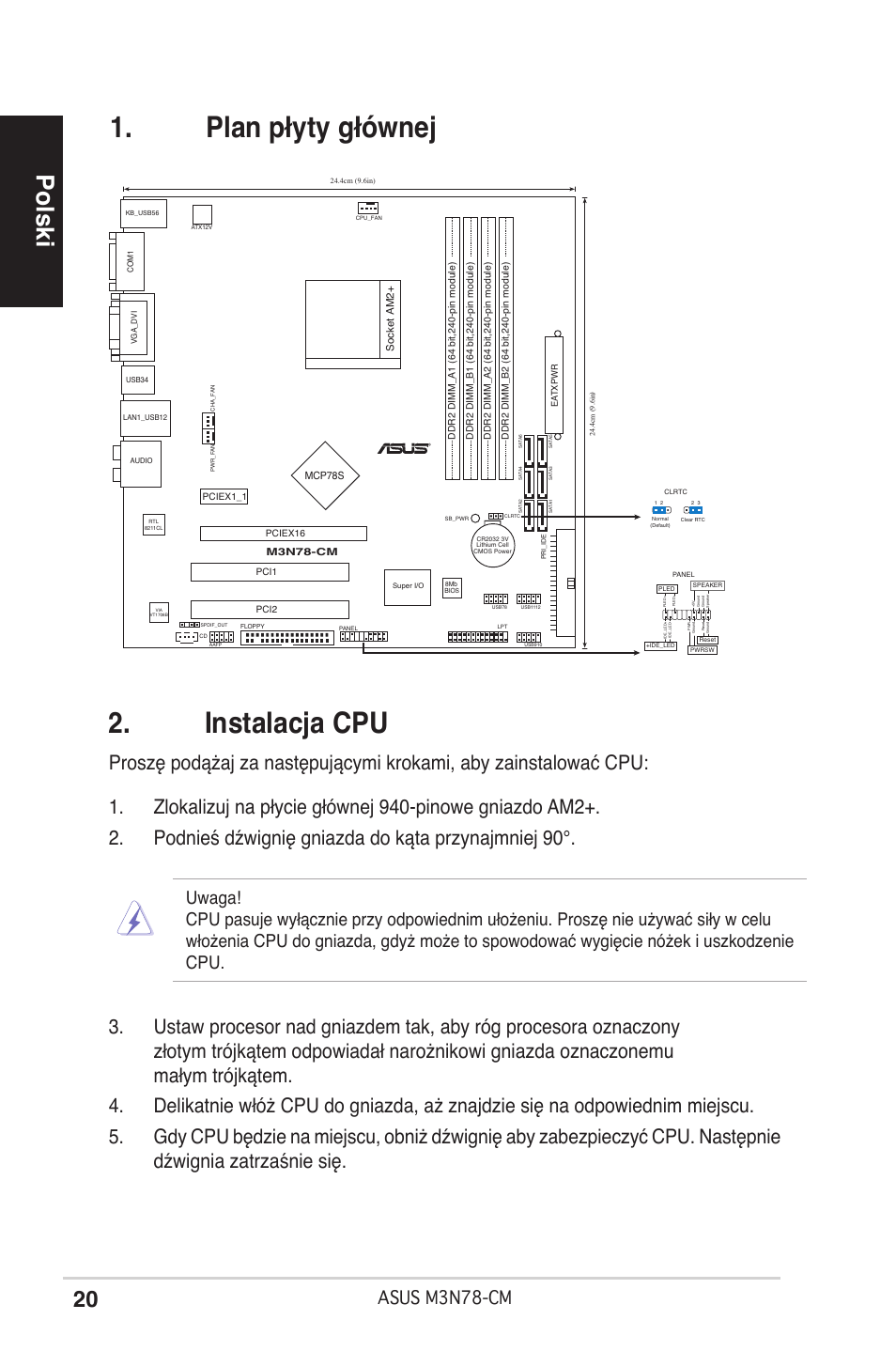 Instalacja cpu, Plan płyty głównej, Polski | Asus m3n78-cm | Asus M3N78-CM User Manual | Page 20 / 38