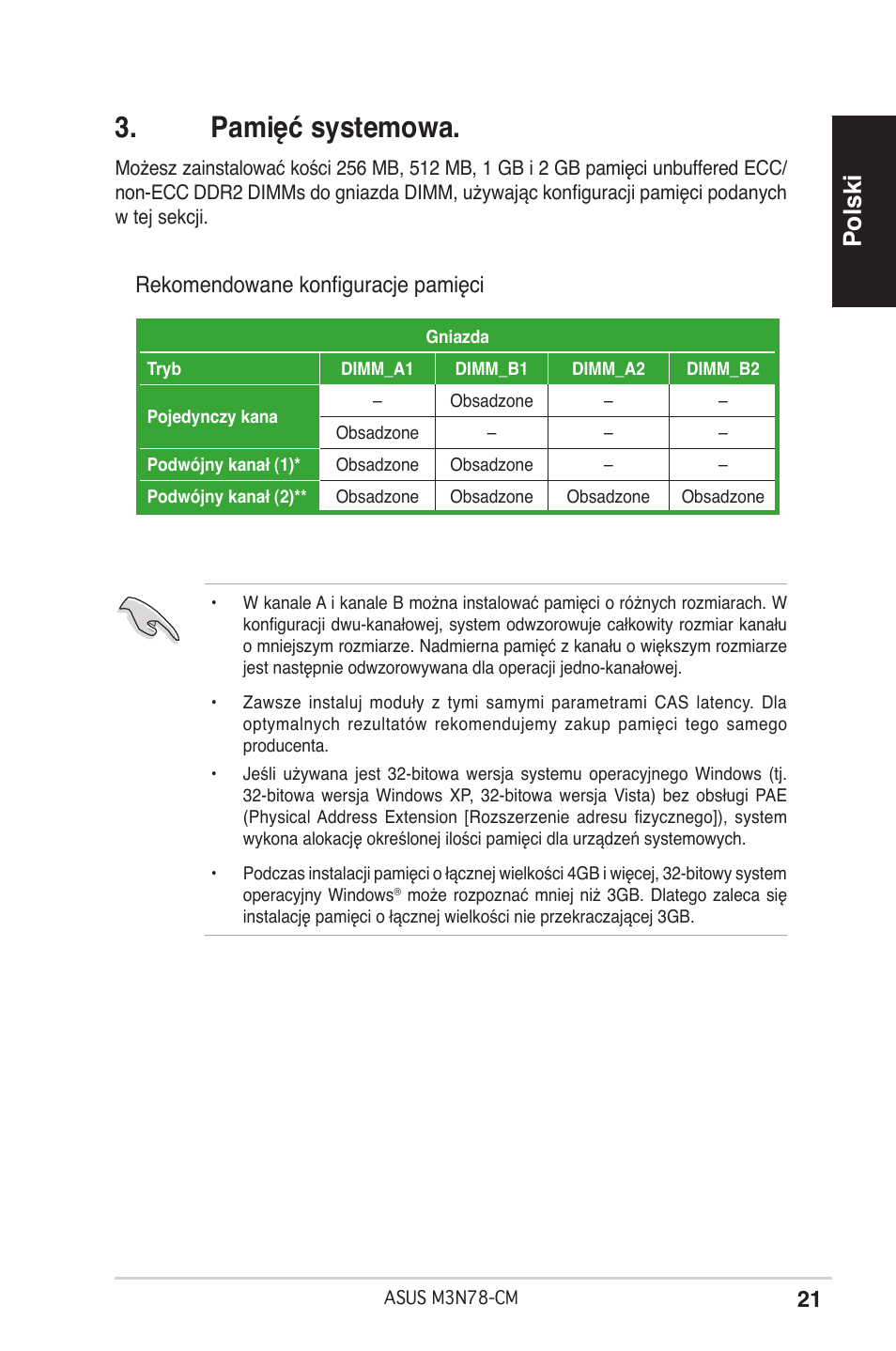 Pamięć systemowa, Polski, Rekomendowane konfiguracje pamięci | Asus M3N78-CM User Manual | Page 21 / 38