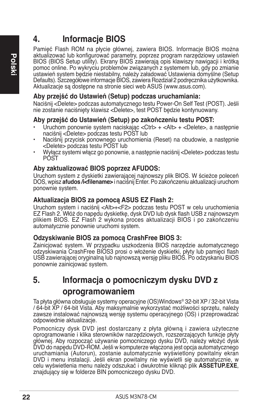 Informacje bios, Polski | Asus M3N78-CM User Manual | Page 22 / 38