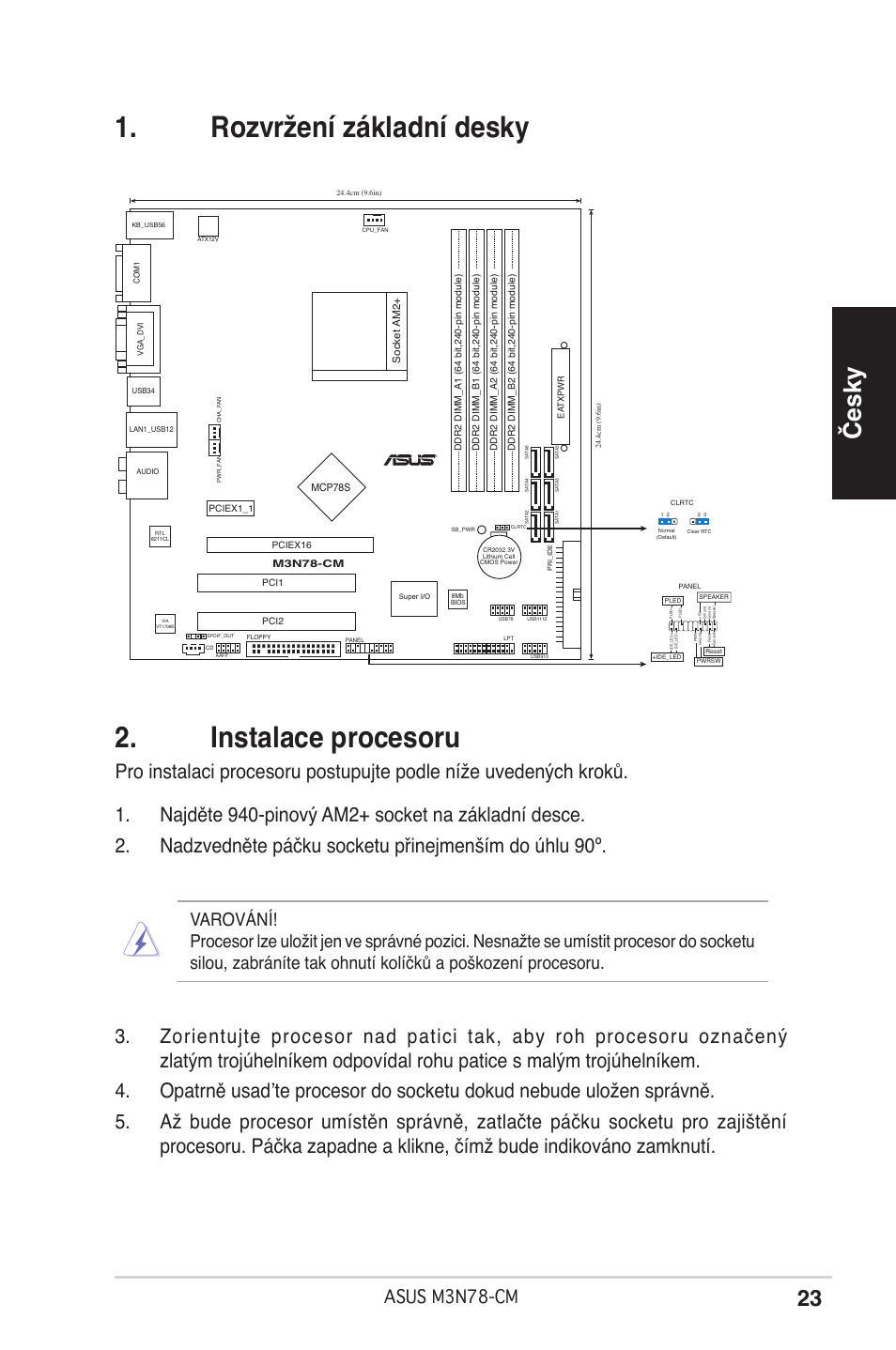 Instalace procesoru, Rozvržení základní desky, Česky | Asus m3n78-cm | Asus M3N78-CM User Manual | Page 23 / 38