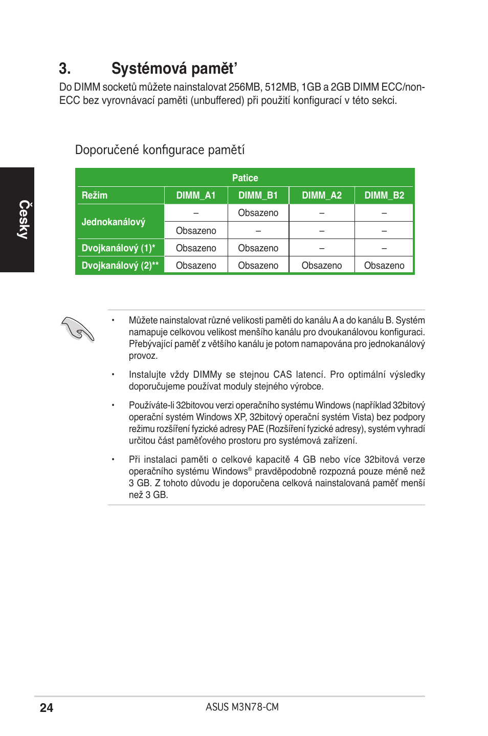 Systémová pamět, Česky, Doporučené konfigurace pamětí | Asus M3N78-CM User Manual | Page 24 / 38