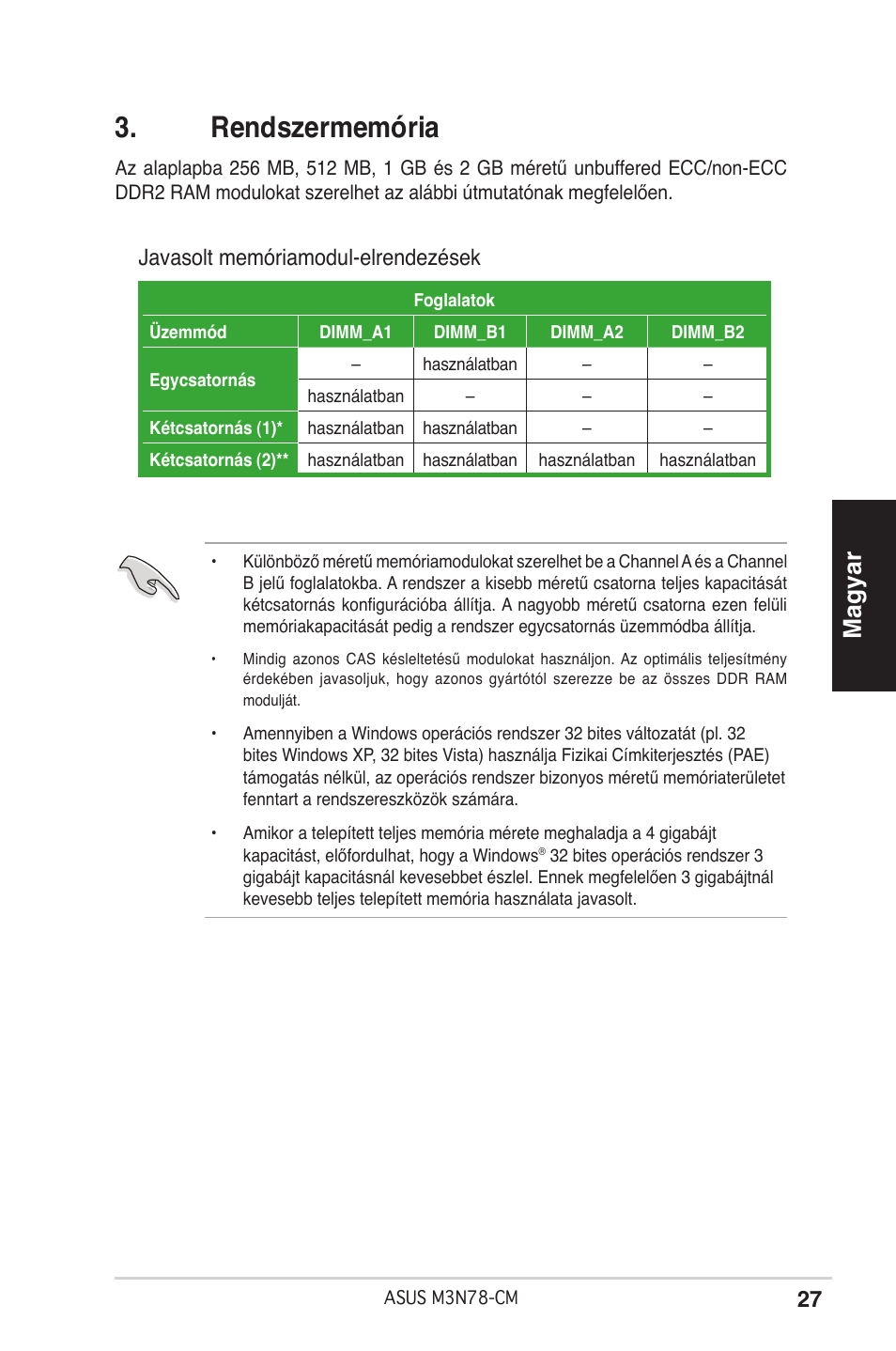 Rendszermemória, Magyar, Javasolt memóriamodul-elrendezések | Asus M3N78-CM User Manual | Page 27 / 38