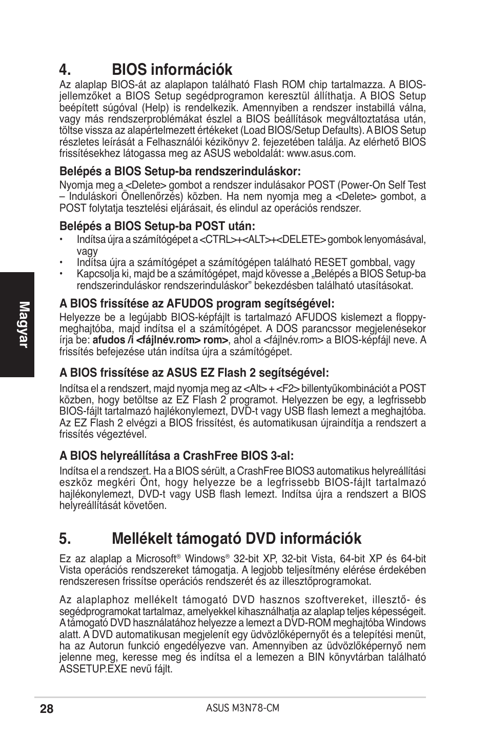 Bios információk, Mellékelt támogató dvd információk, Magyar | Asus M3N78-CM User Manual | Page 28 / 38