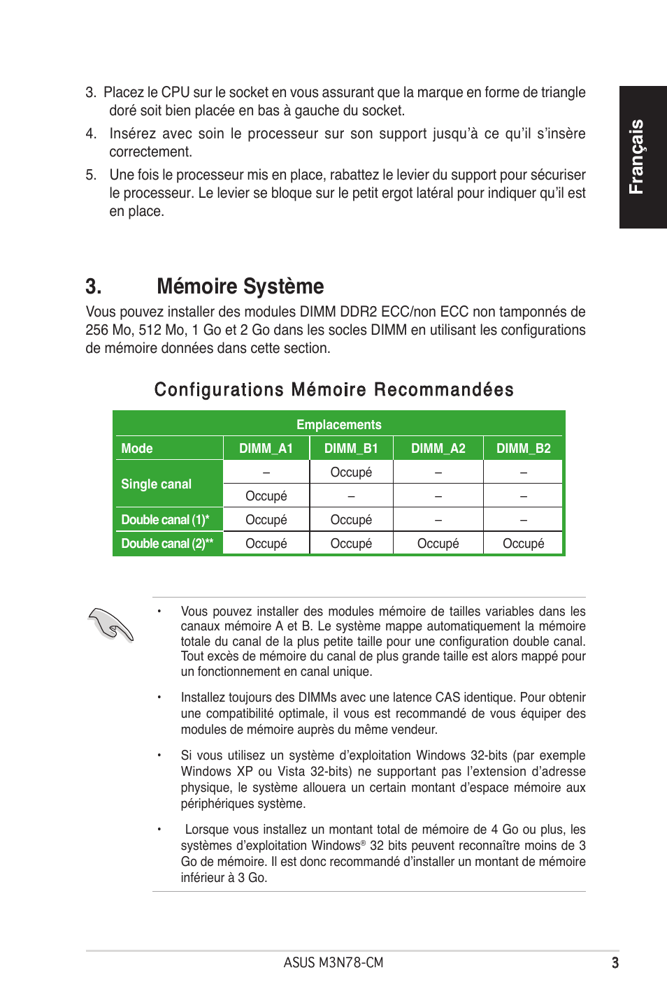 Mémoire système, Français, Configurations mémoire recommandées | Asus M3N78-CM User Manual | Page 3 / 38