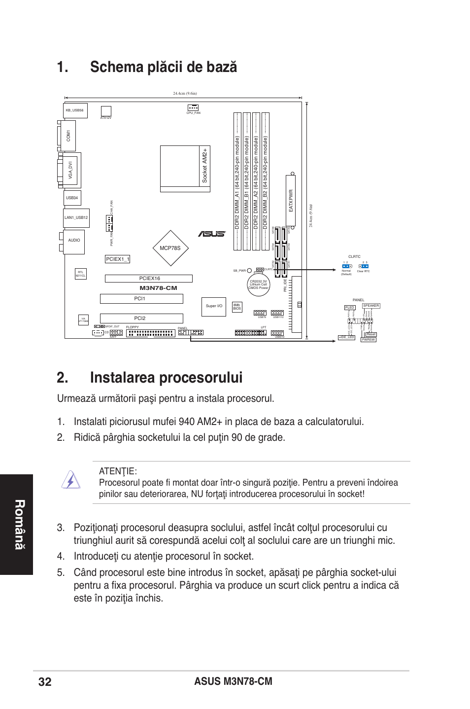 Schema plăcii de bază 2. instalarea procesorului, Română | Asus M3N78-CM User Manual | Page 32 / 38