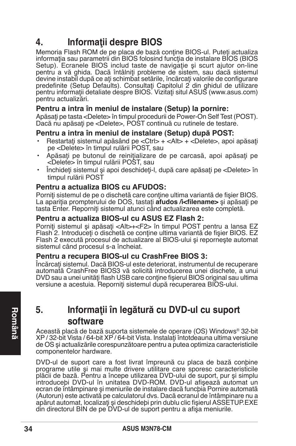 Informaţii despre bios, Română | Asus M3N78-CM User Manual | Page 34 / 38