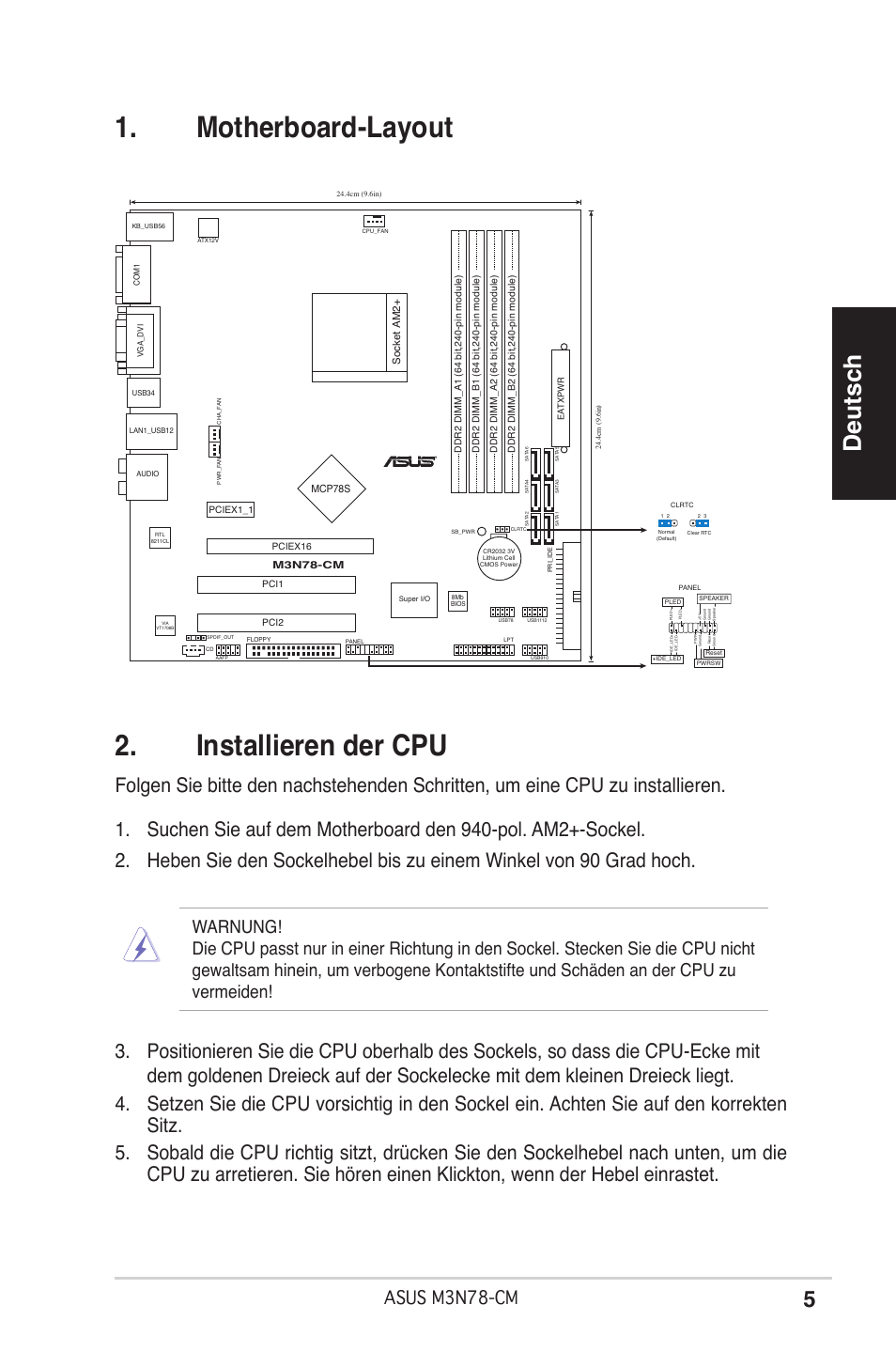 Motherboard-layout 2. installieren der cpu, Deutsch, Asus m3n78-cm | Asus M3N78-CM User Manual | Page 5 / 38
