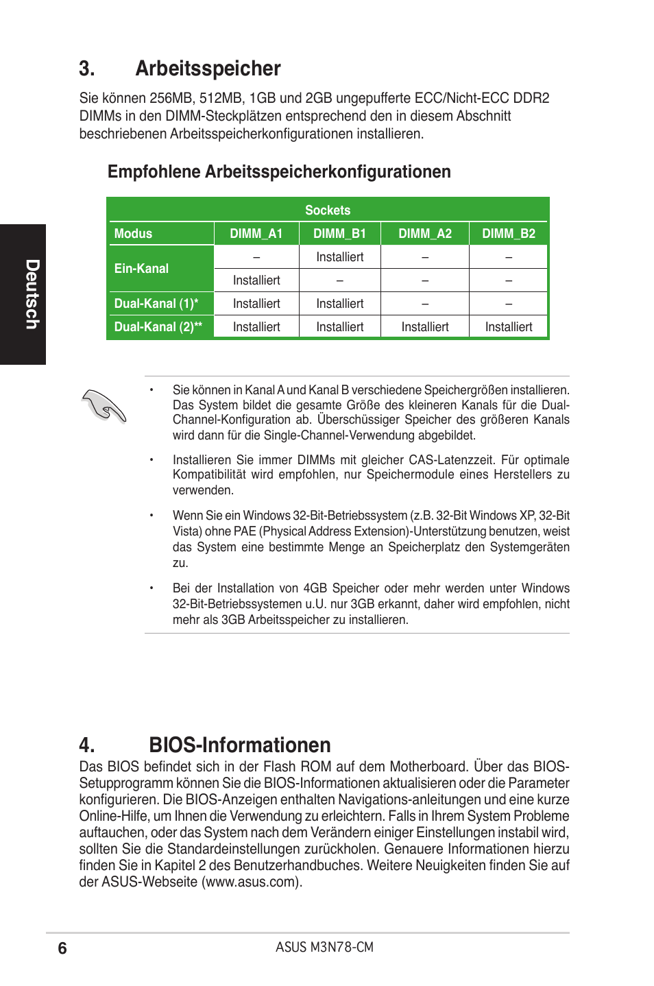 Arbeitsspeicher, Bios-informationen, Deutsch | Empfohlene arbeitsspeicherkonfigurationen | Asus M3N78-CM User Manual | Page 6 / 38