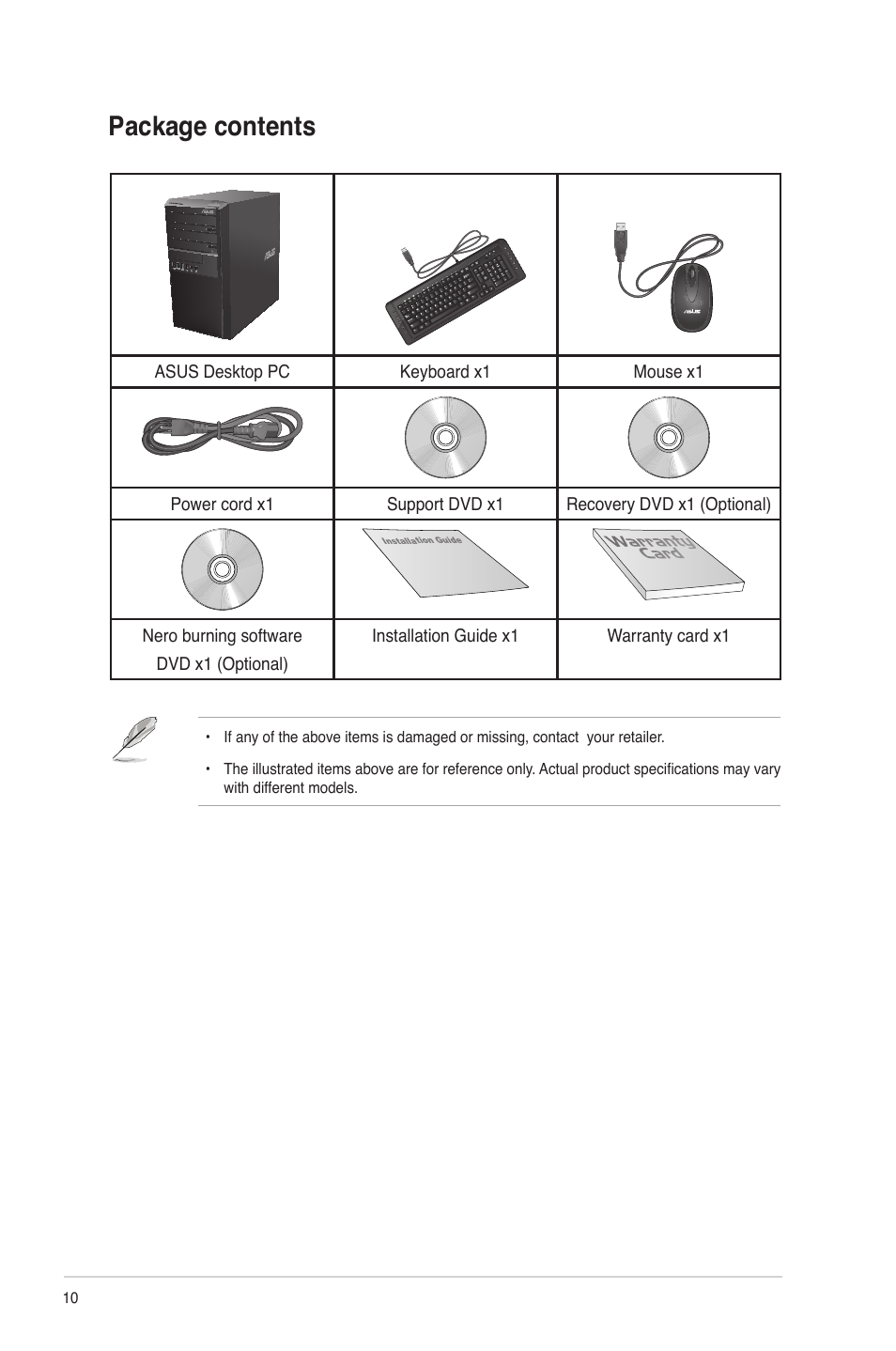 Package contents | Asus BP1AE User Manual | Page 10 / 109