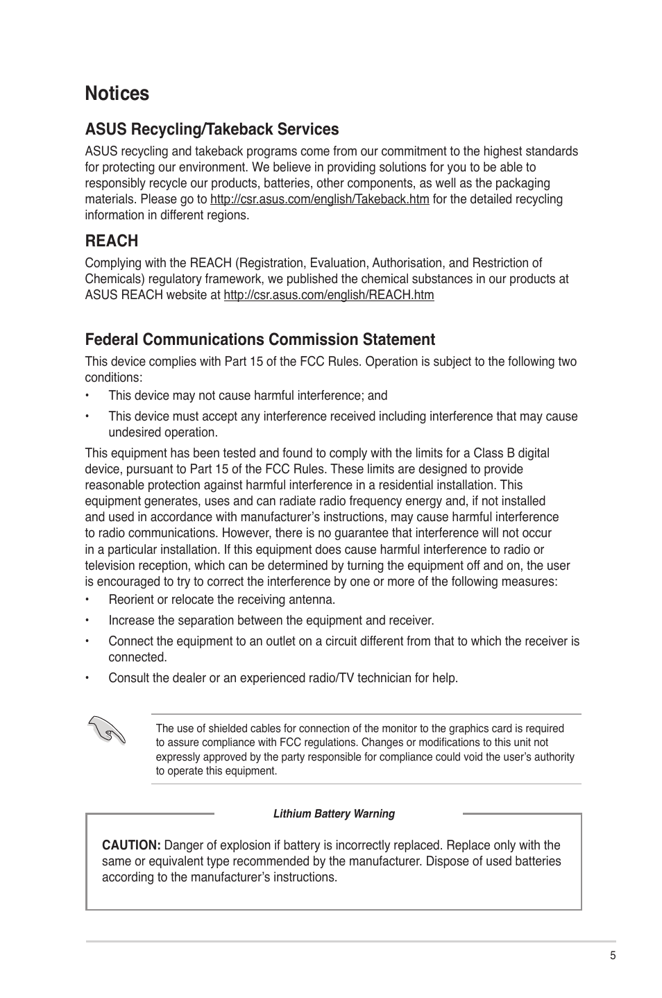 Notices, Asus recycling/takeback services, Reach | Federal communications commission statement | Asus BP1AE User Manual | Page 5 / 109