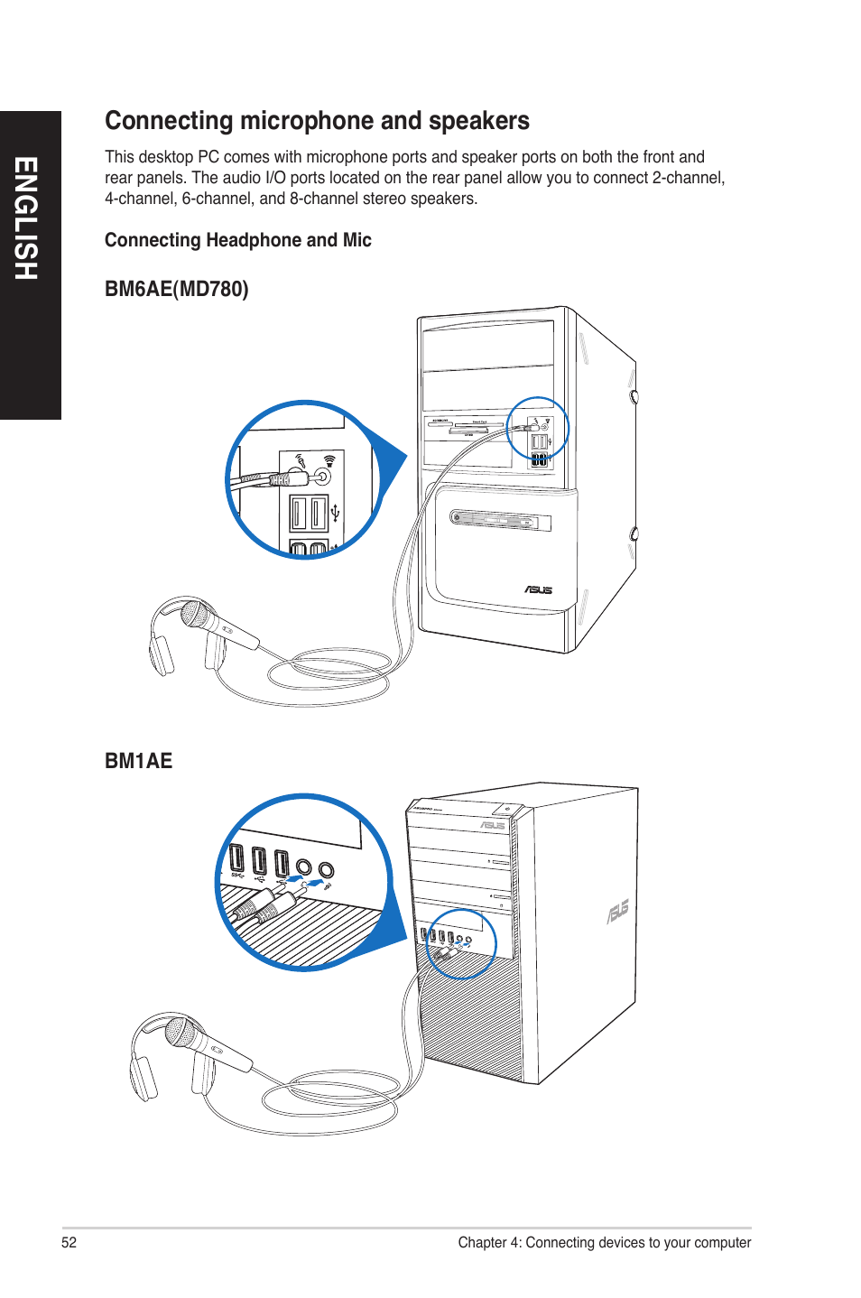 Connecting microphone and speakers, En gl is h en gl is h en gl is h en gl is h | Asus BP1AE User Manual | Page 52 / 109