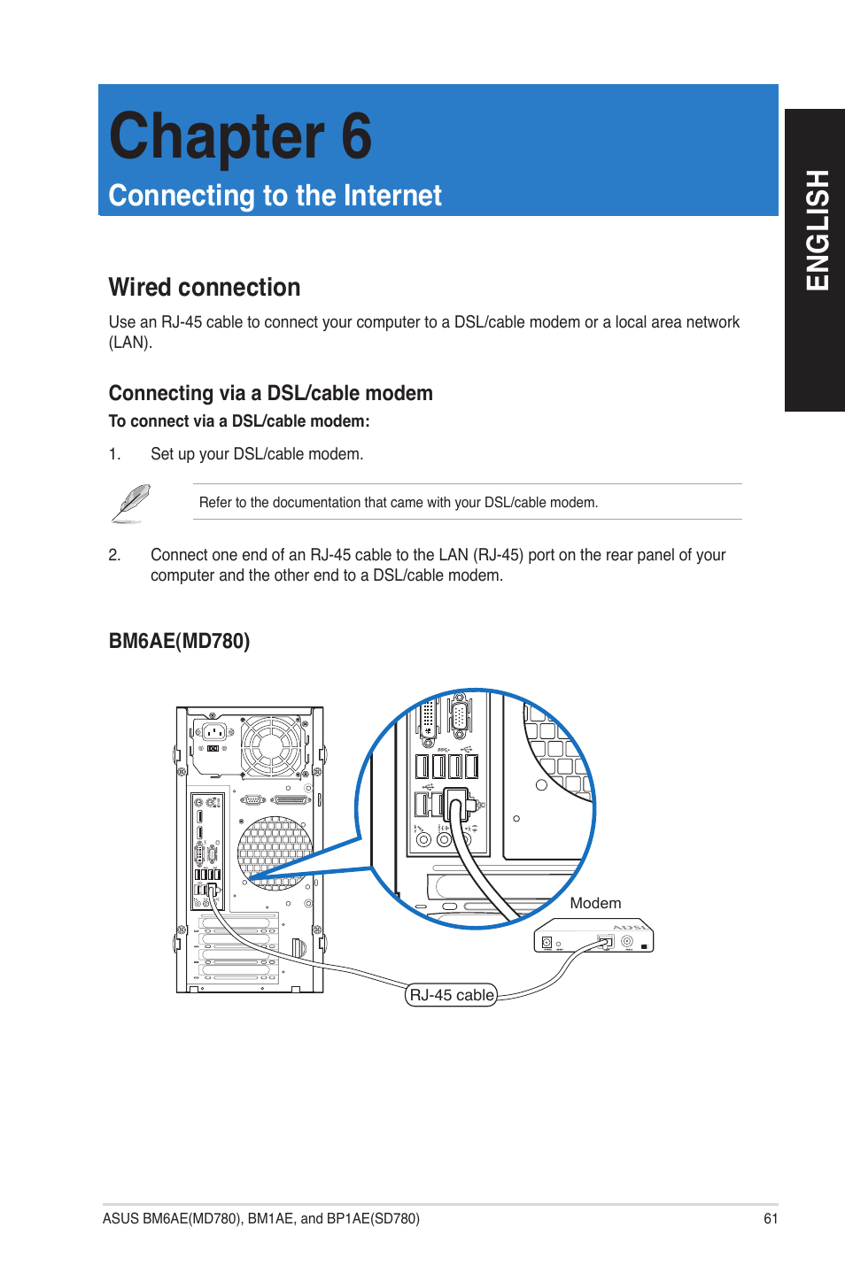 Chapter 6: connecting to the internet, Wired connection, Connecting to the internet | Chapter 6, En gl is h en gl is h | Asus BP1AE User Manual | Page 61 / 109