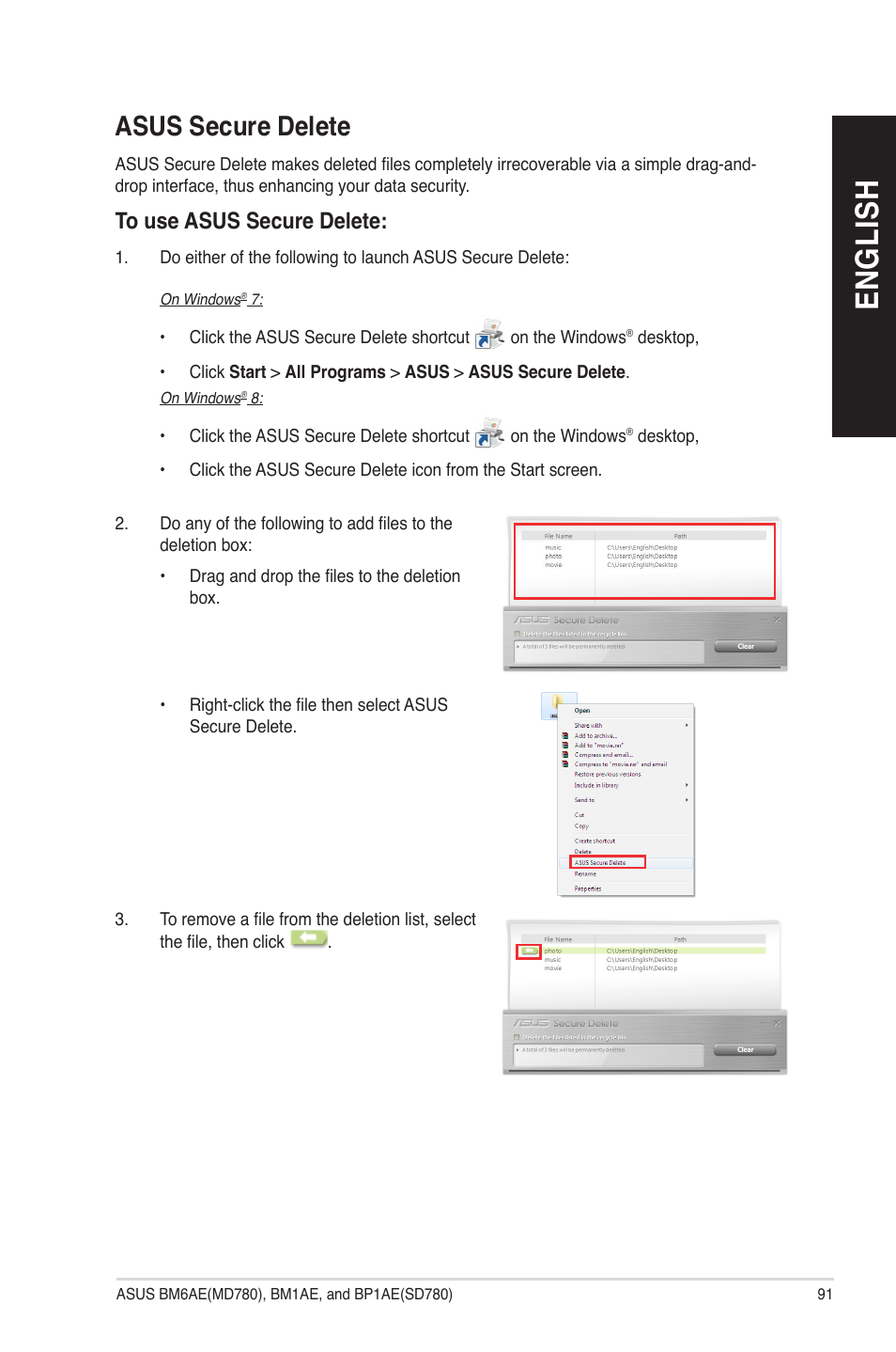 Asus secure delete, En gl is h en gl is h | Asus BP1AE User Manual | Page 91 / 109