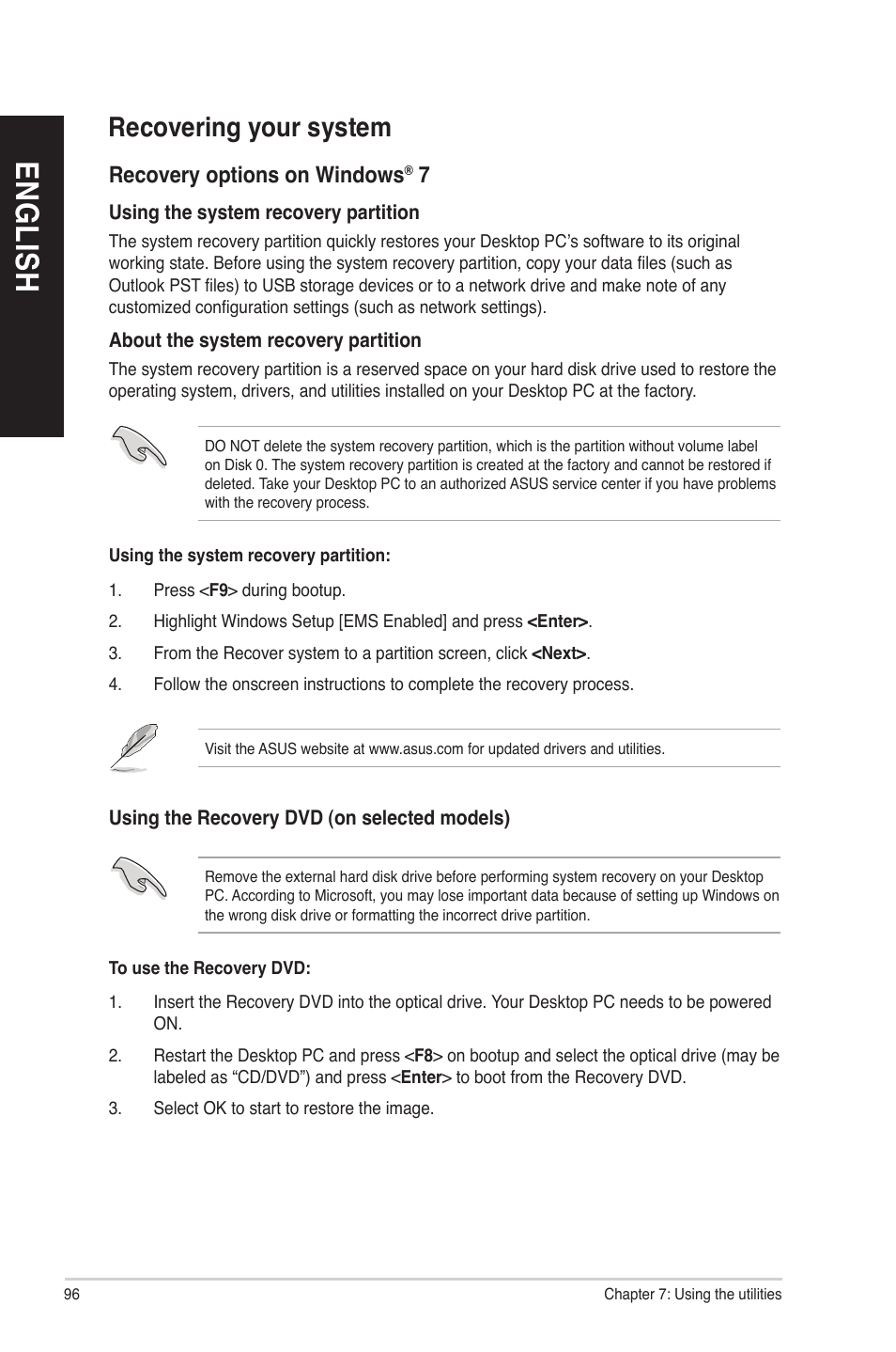 Recovering your system, En gl is h en gl is h en gl is h en gl is h | Asus BP1AE User Manual | Page 96 / 109