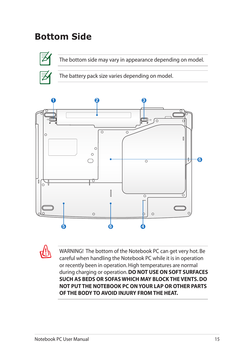 Bottom side | Asus G60Jx User Manual | Page 15 / 118