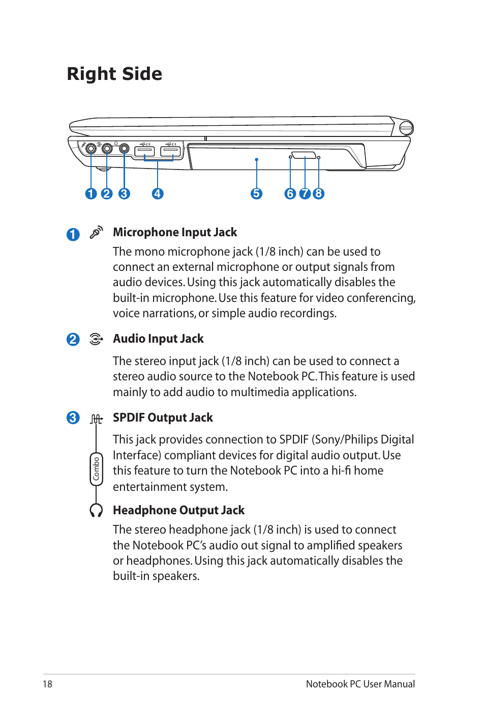Right side | Asus G60Jx User Manual | Page 18 / 118