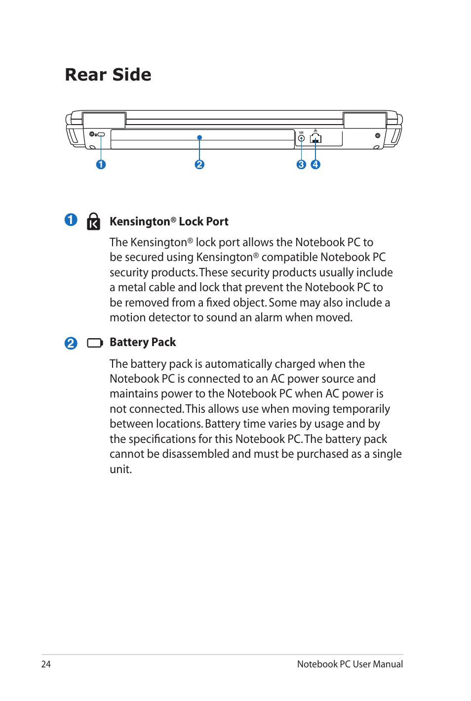 Rear side | Asus G60Jx User Manual | Page 24 / 118