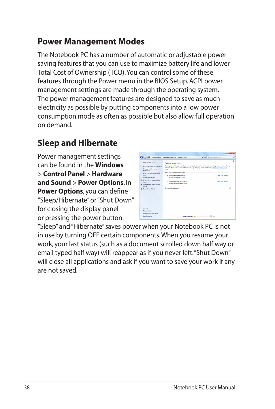 Power management modes, Sleep and hibernate | Asus G60Jx User Manual | Page 38 / 118