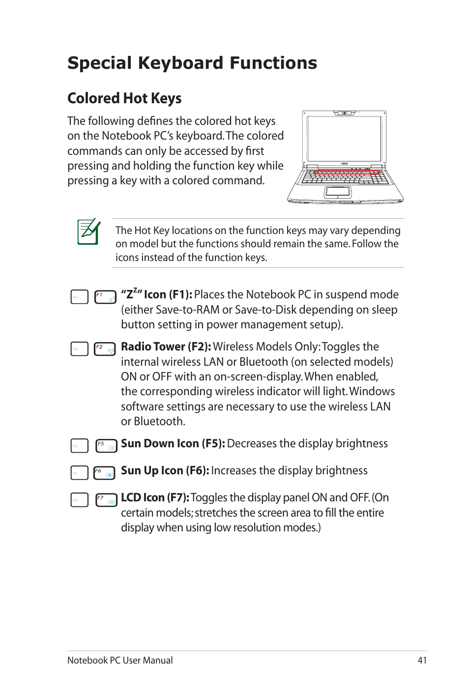 Special keyboard functions, Colored hot keys | Asus G60Jx User Manual | Page 41 / 118