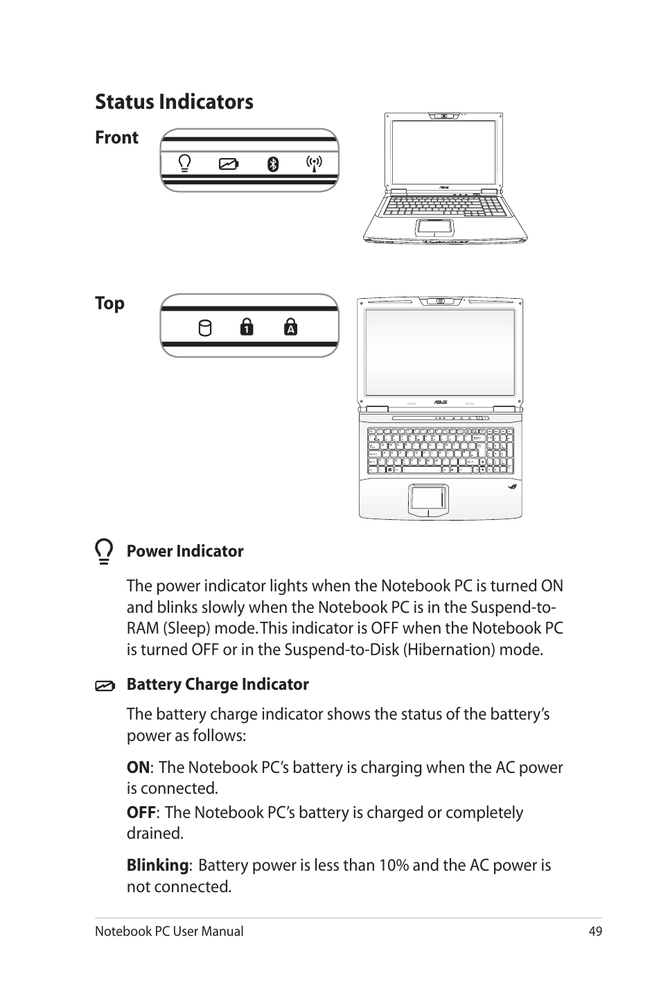 Status indicators | Asus G60Jx User Manual | Page 49 / 118